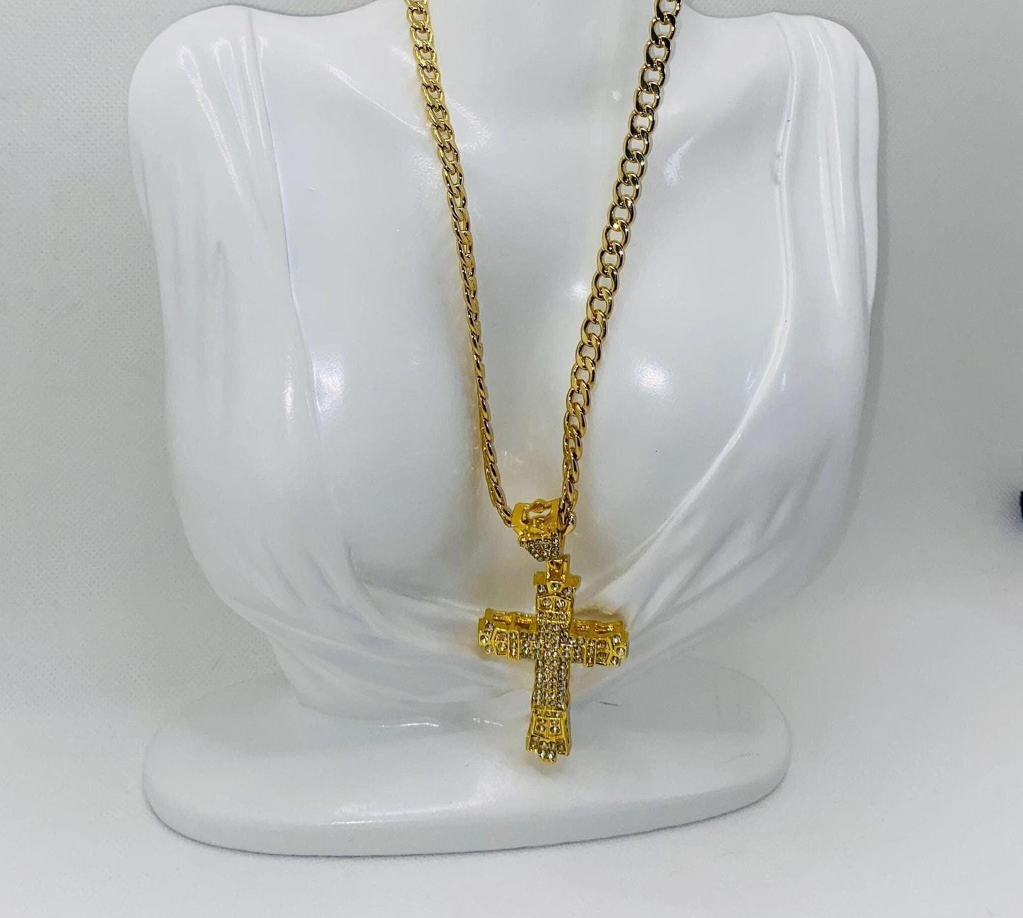 Gold Cross Necklace: Rhinestone Cuban Link Chain, Religious Jewelry