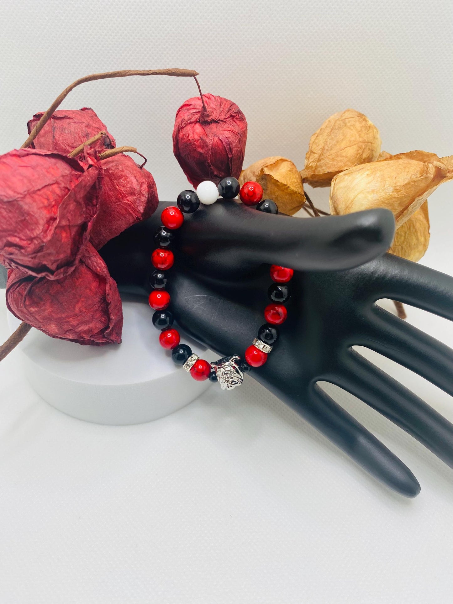 Georgia Bulldogs Gemstone Bracelet: Red Turquoise & Black Onyx, Dog Lover Gift