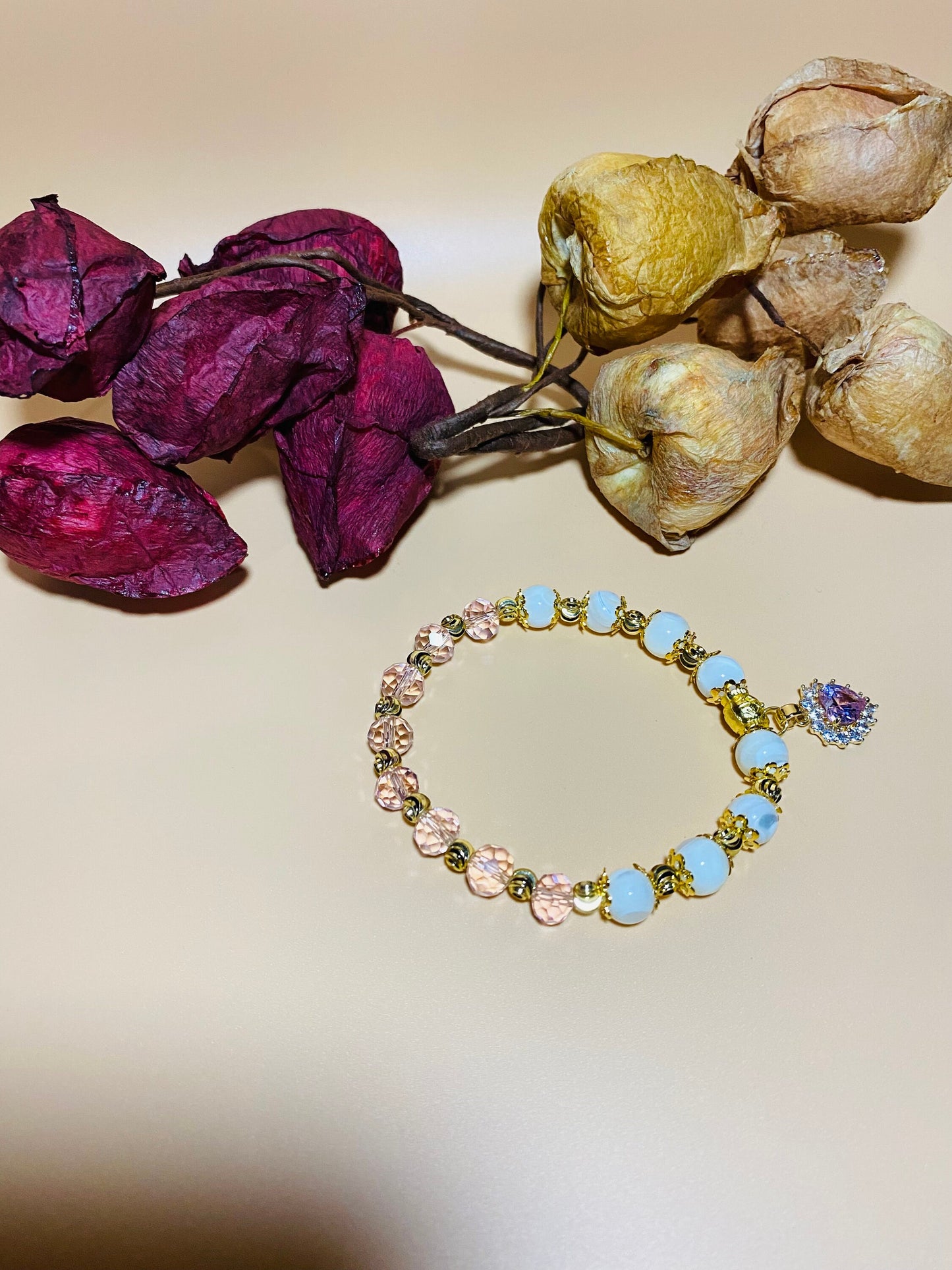 Mother of Pearl Bracelet: Pink Crystal Beads, Heart Charm, 18k Gold Accents