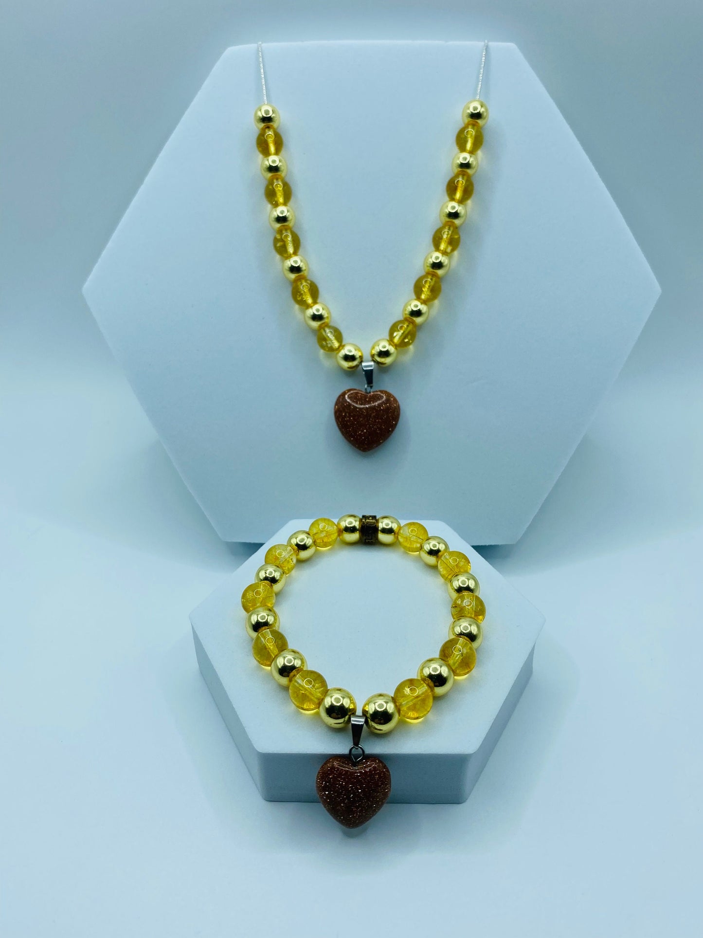 Womens Jewelry Citrine Necklace & Bracelet - Gold Hematite and Goldstone Heart Charms - Gifts for Women