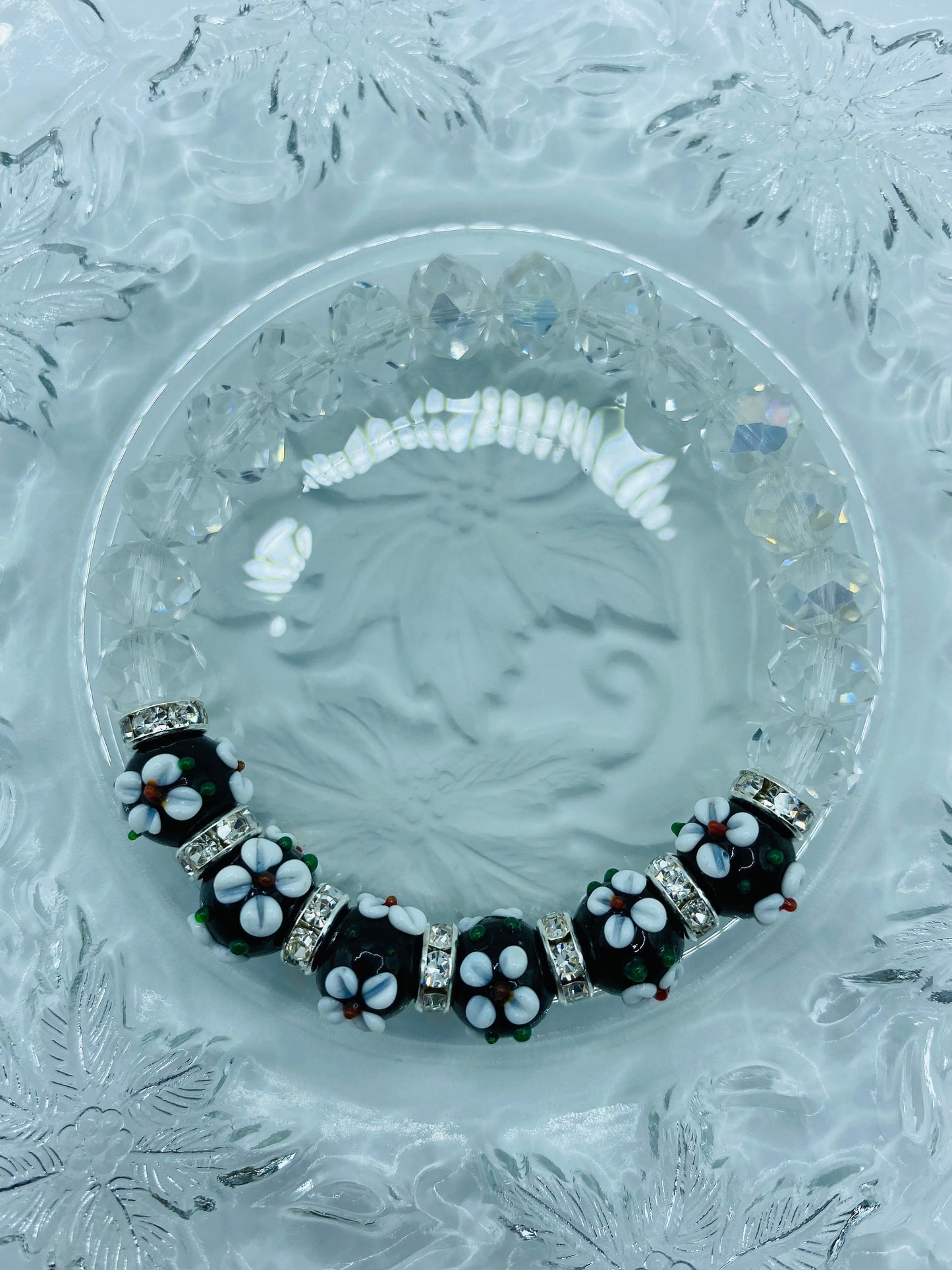 Lampwork Floral Glass Bead Bracelet: Rhinestone Crystal Flower Bracelet