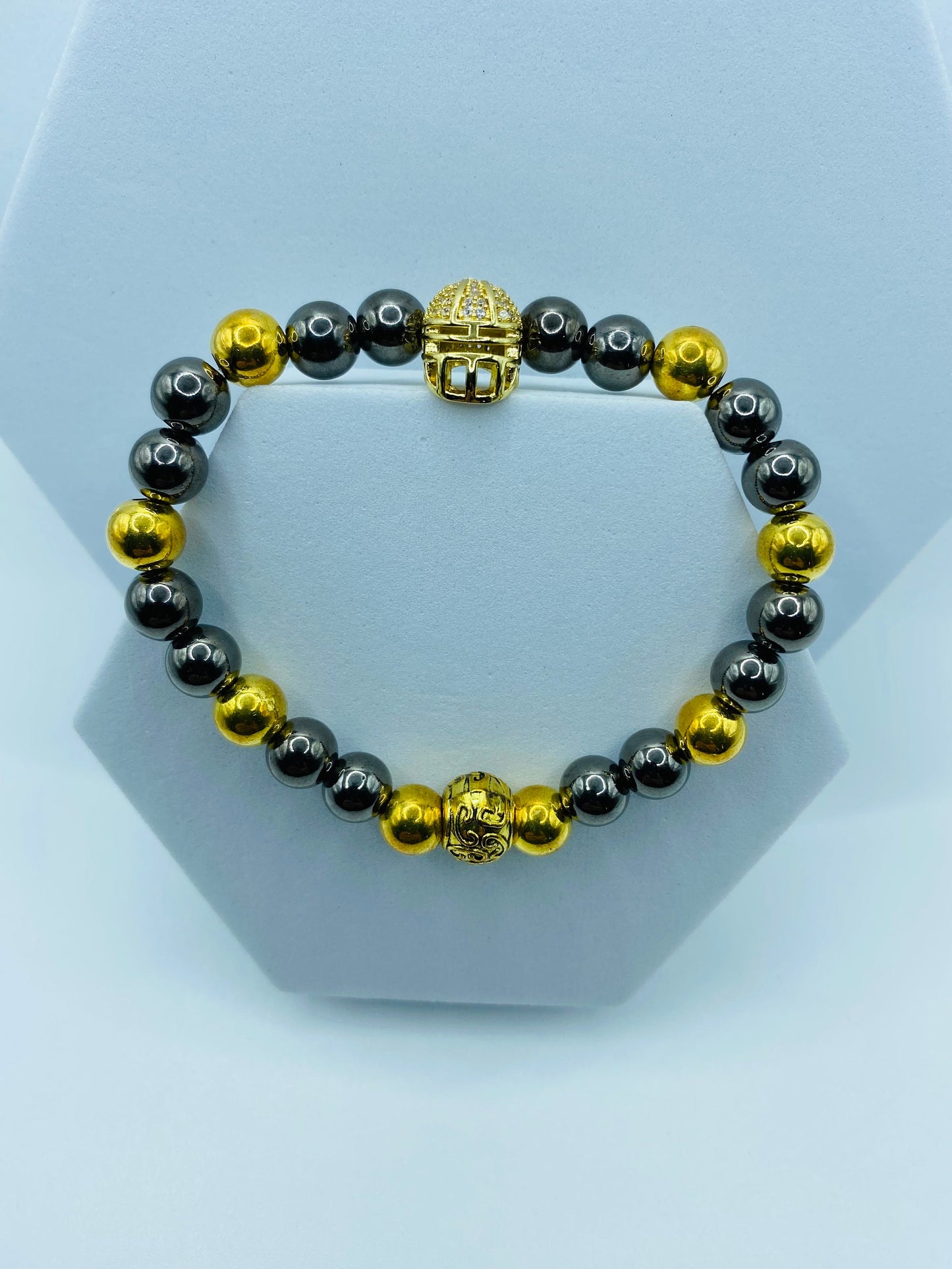 Pittsburgh Steelers Bracelet: 18k Gold Plated Hematite, CZ Football Helmet