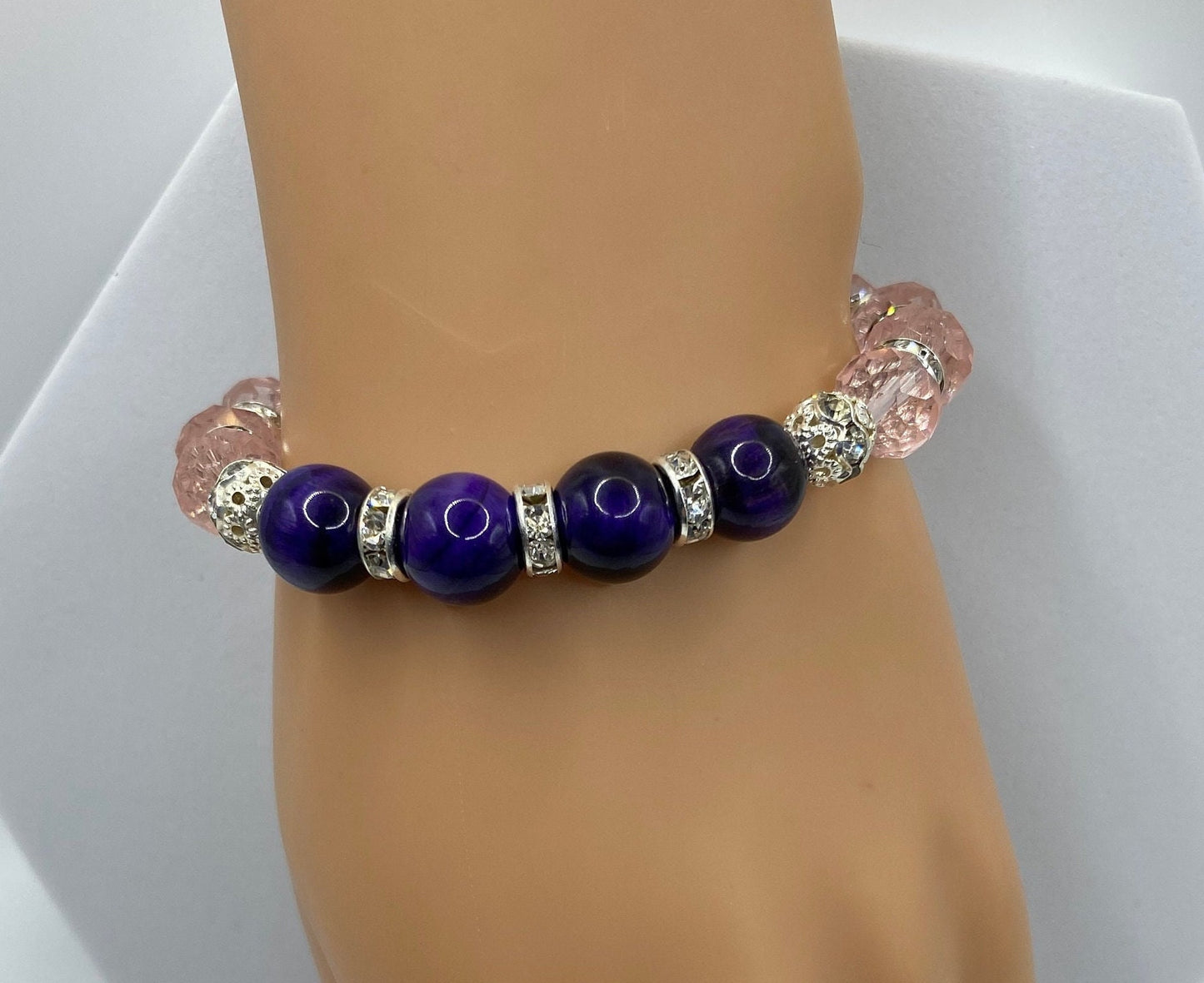 Handmade Purple Tiger's Eye Bracelet: Pink Crystal & Rhinestone Beads