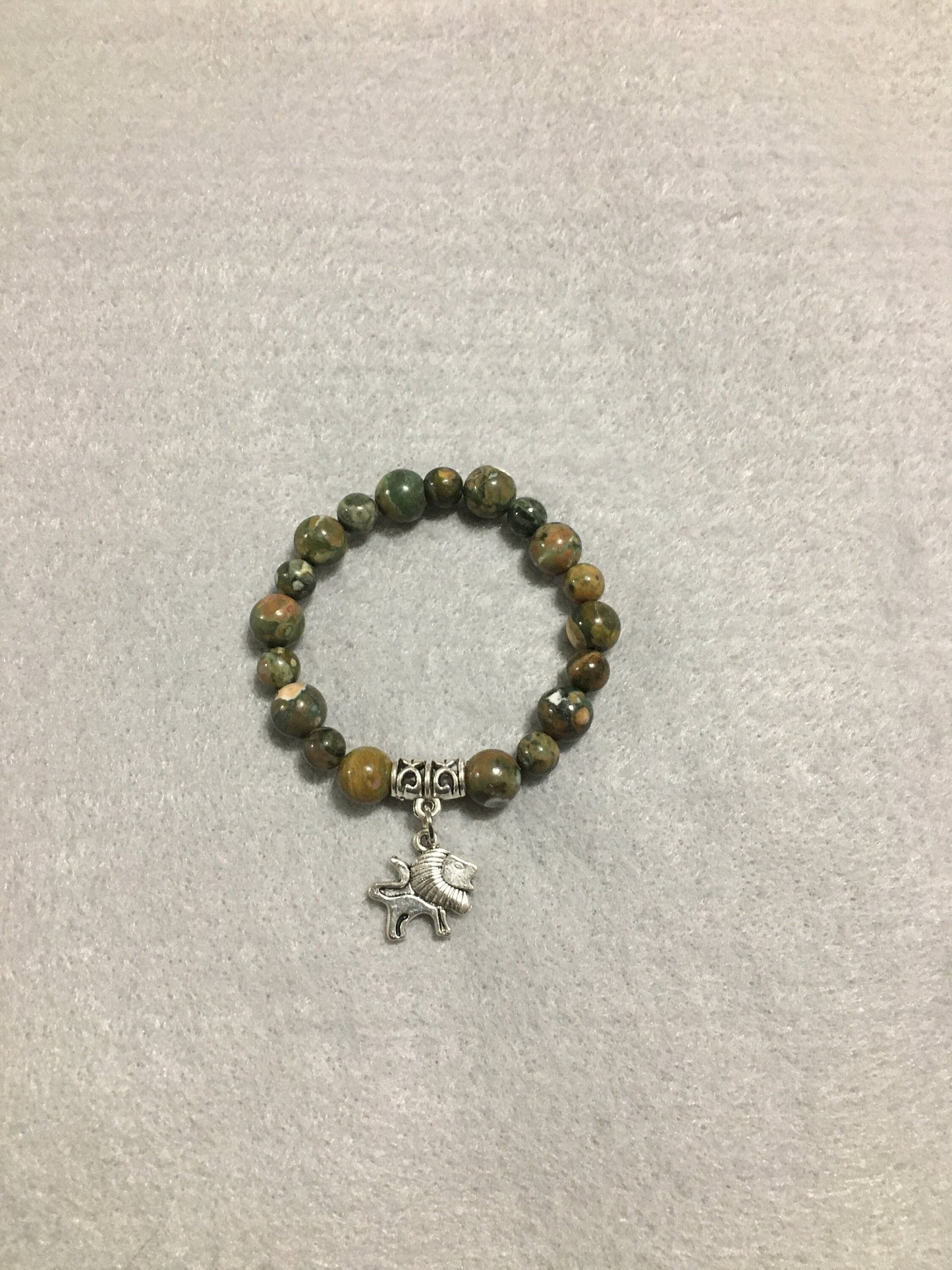 Lion Charm Bracelet: Rhyolite Gemstone Beads, Antique Silver Lion