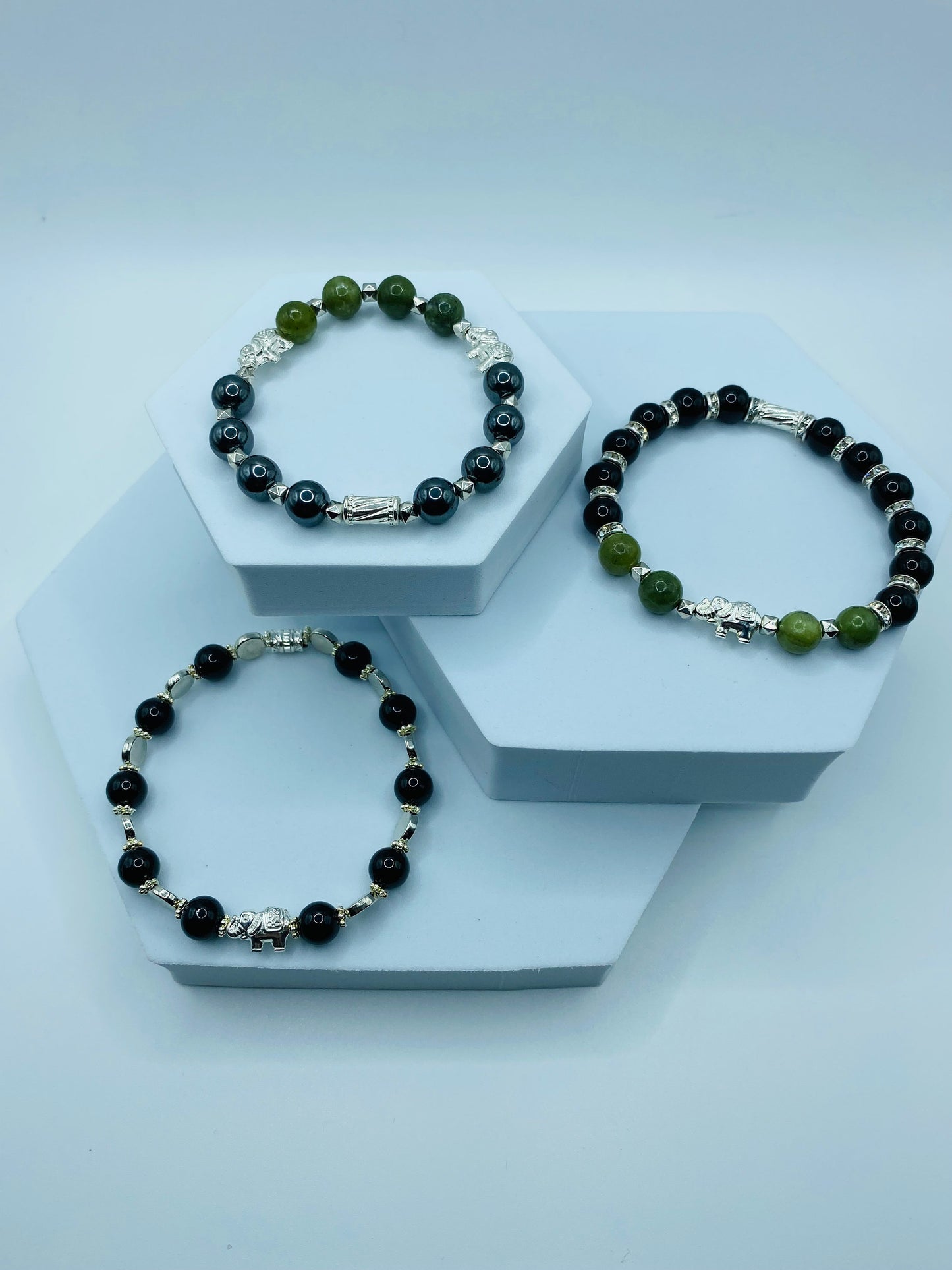 Elephant Jewelry White Gold Womens Bracelet with Jade & Hematite Gemstone Beads - Elephant Gifts