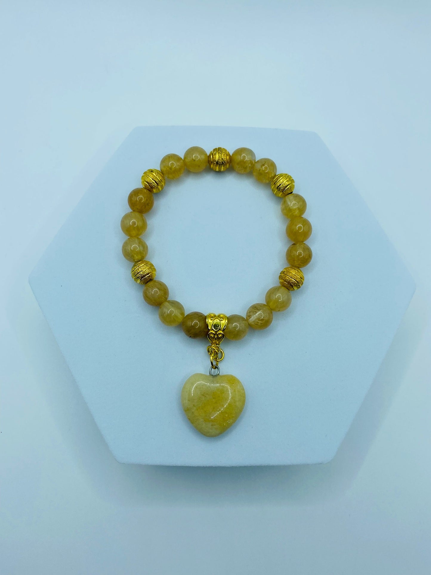 Rutilated Quartz Bracelet: 18K Gold Plated Heart Charm, Gemstone Beads