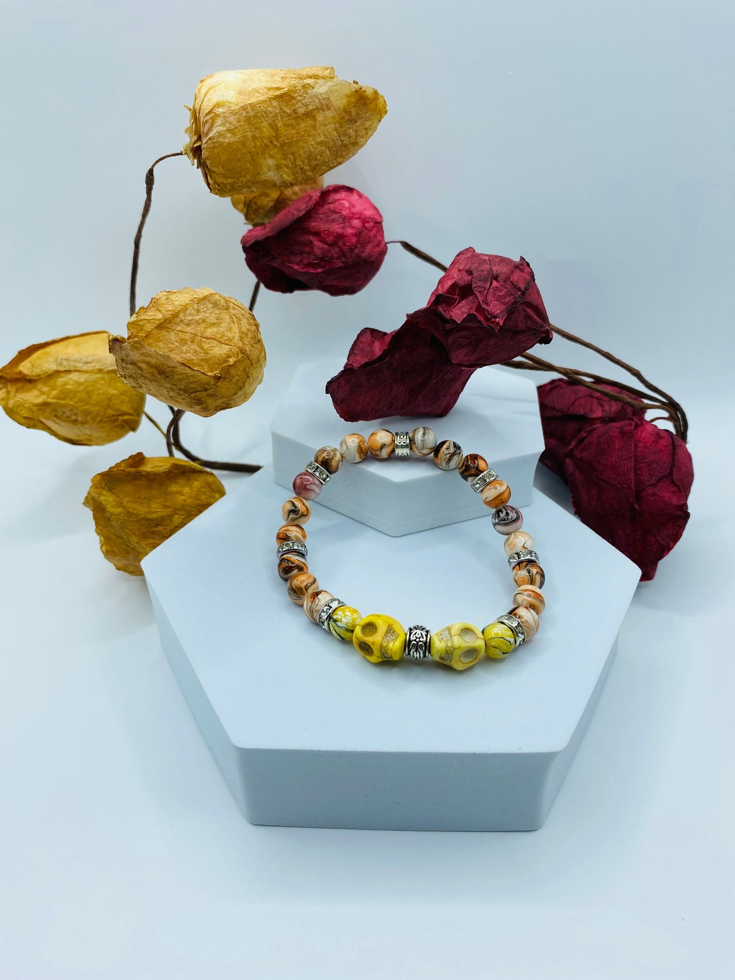 Dia de Los Muertos Skull Bracelet: Turquoise Skull Beads, Rhinestone Spacers