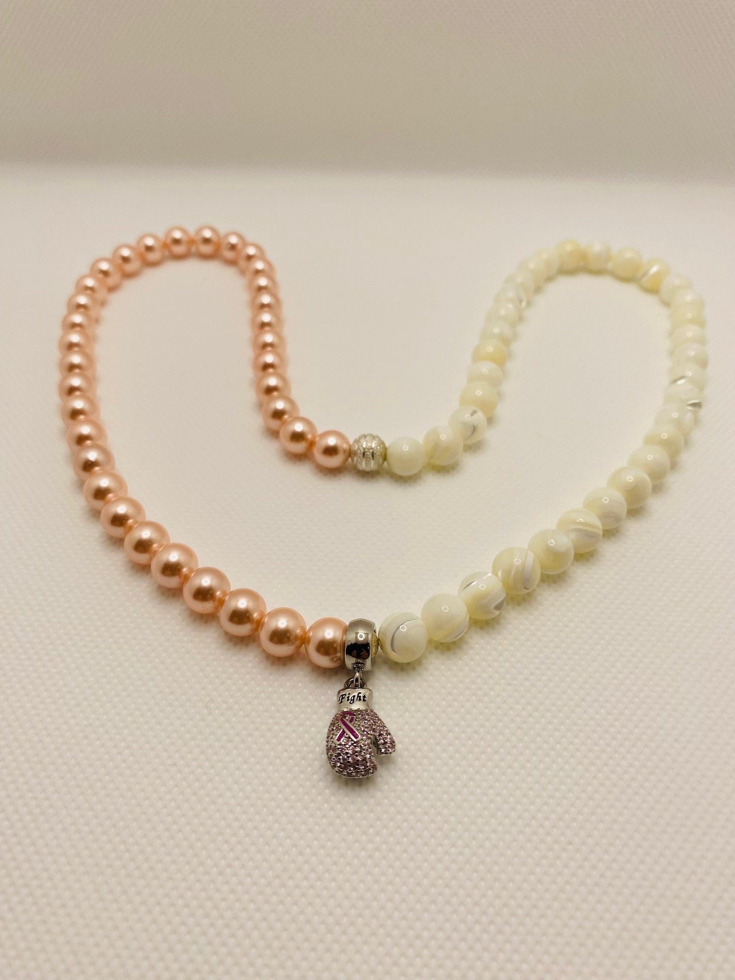 Mother of Pearl Beaded Necklace: Pink Ribbon Boxing Glove, Cancer Survivor Gift