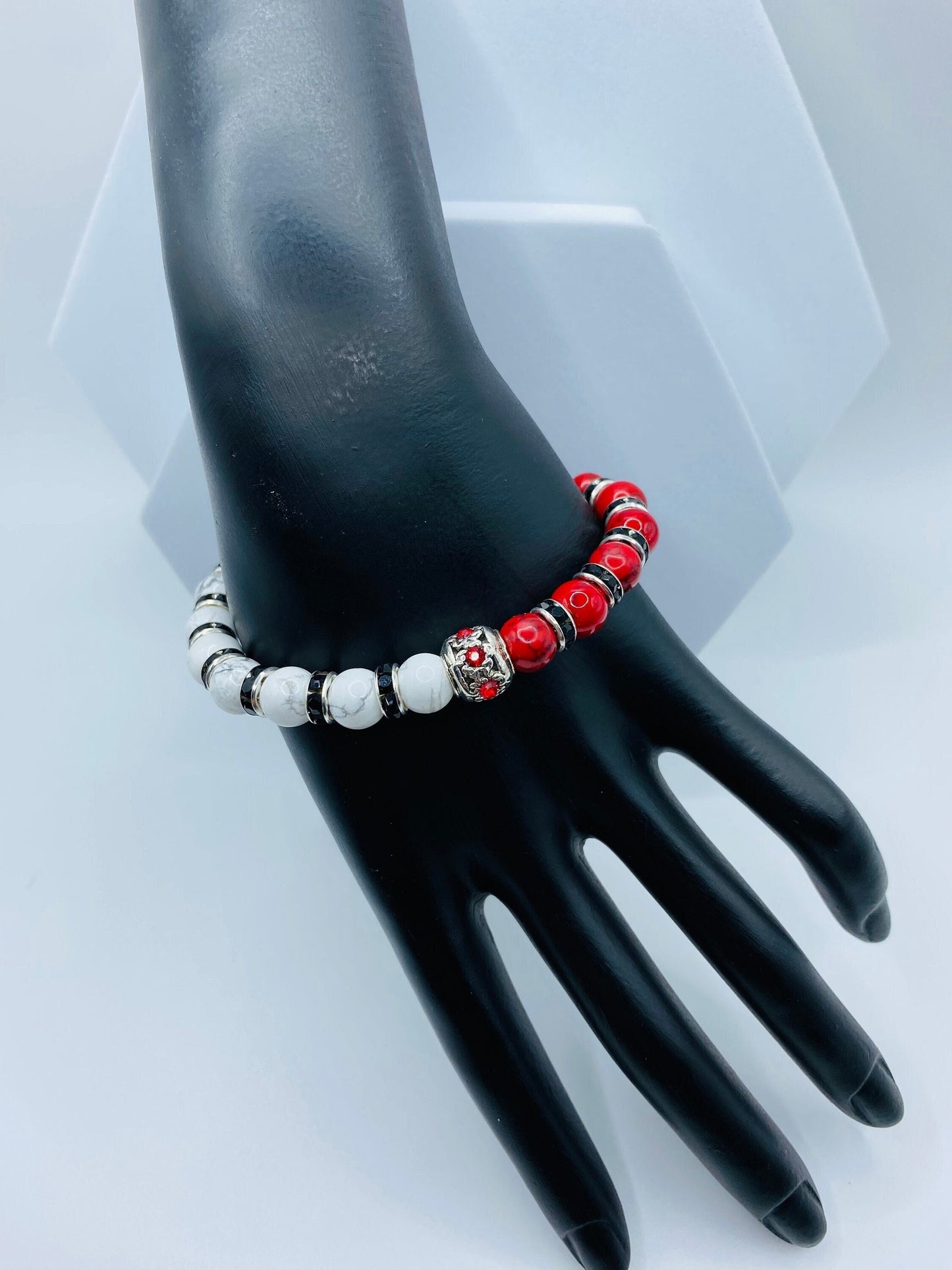 Red Turquoise & Howlite Beaded Bracelet: Silver Rhinestone Charm