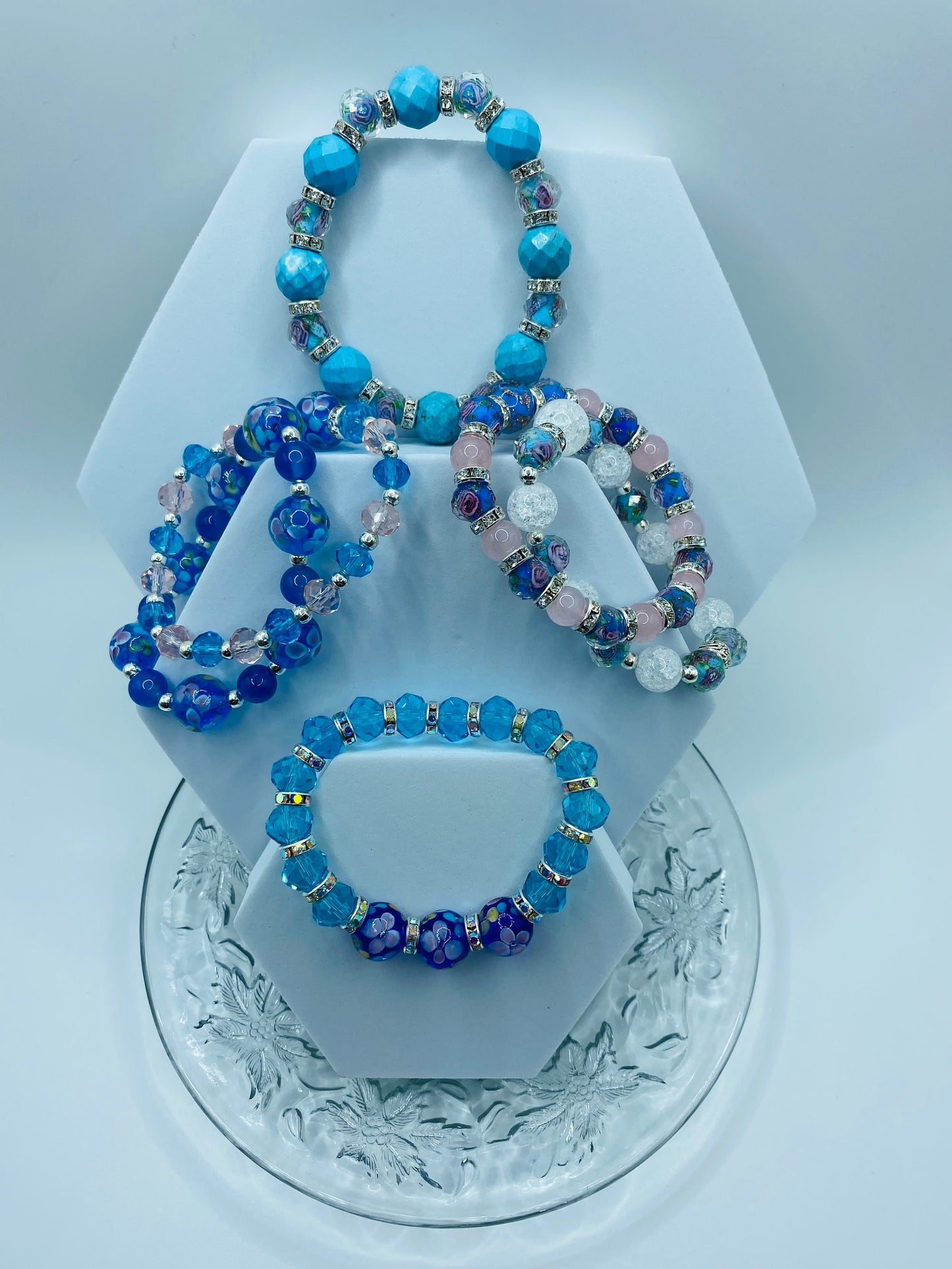 Blue Topaz Crystal Bracelet: Lampwork Floral Glass Beads, Rhinestone Rondelles