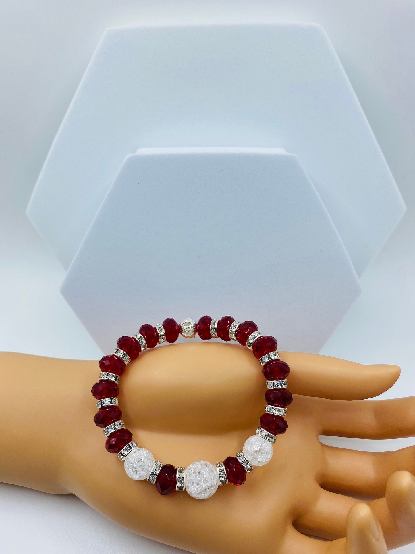 Red Crystal Glass Bracelet: Crackle Quartz Gemstone, Rhinestone Rondelles