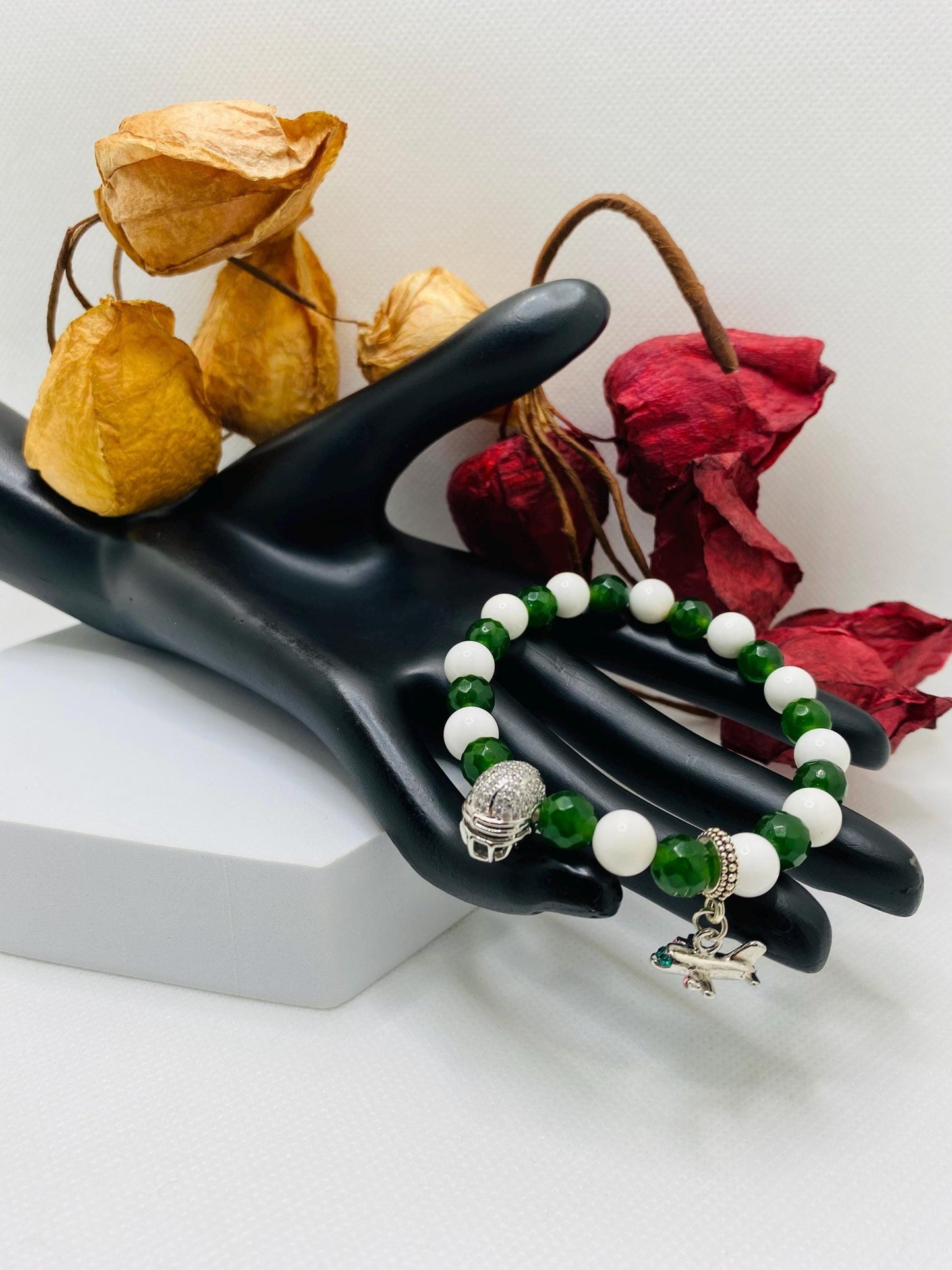 New York Jets Jade Beaded Bracelet: Football Helmet & Airplane Charm