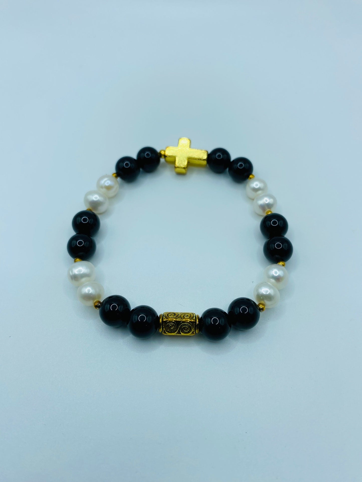 Gold Cross Bracelet: Pearl & Onyx Gemstone Beads, Spiritual Jewelry