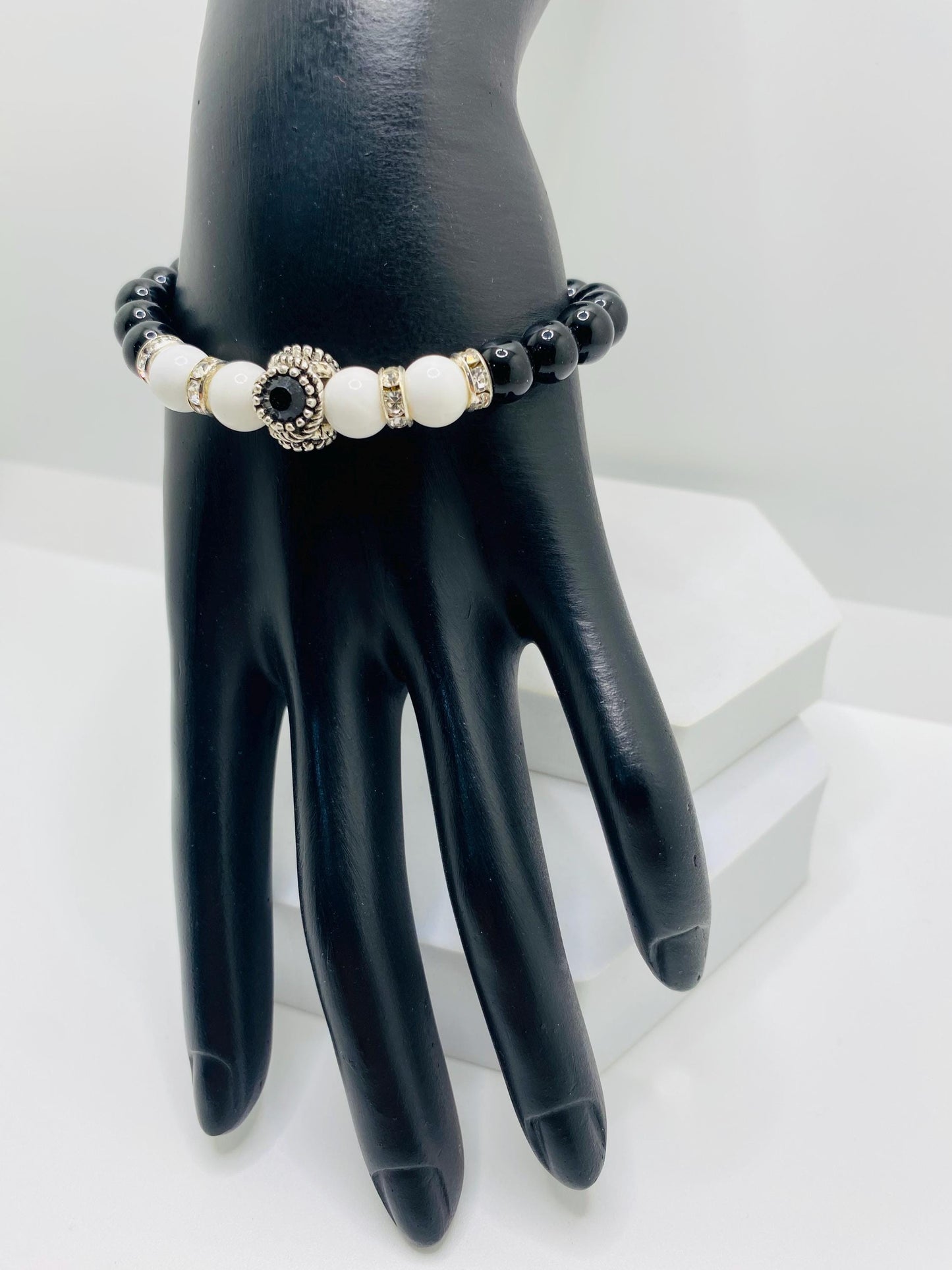 Black Onyx & White Agate Beaded Charm Bracelet - Rhinestone Accent