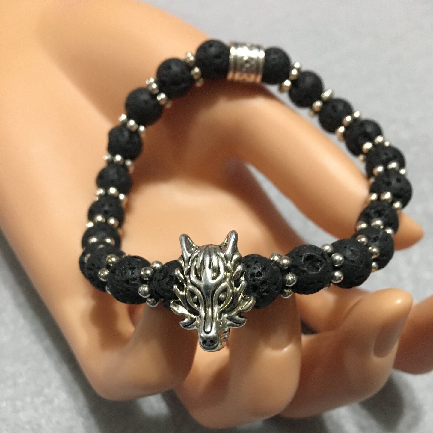 Silver Wolf Lava Rock Bracelet: Goth Men's Jewelry