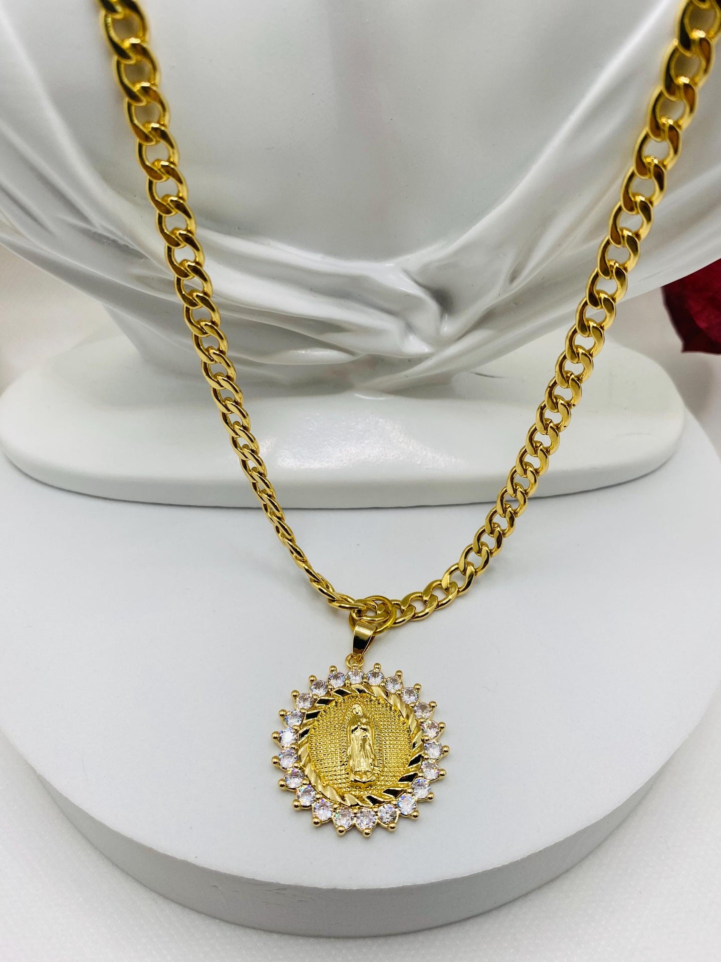 Virgin Mary Necklace: Gold Cuban Link Chain, Religious Jewelry