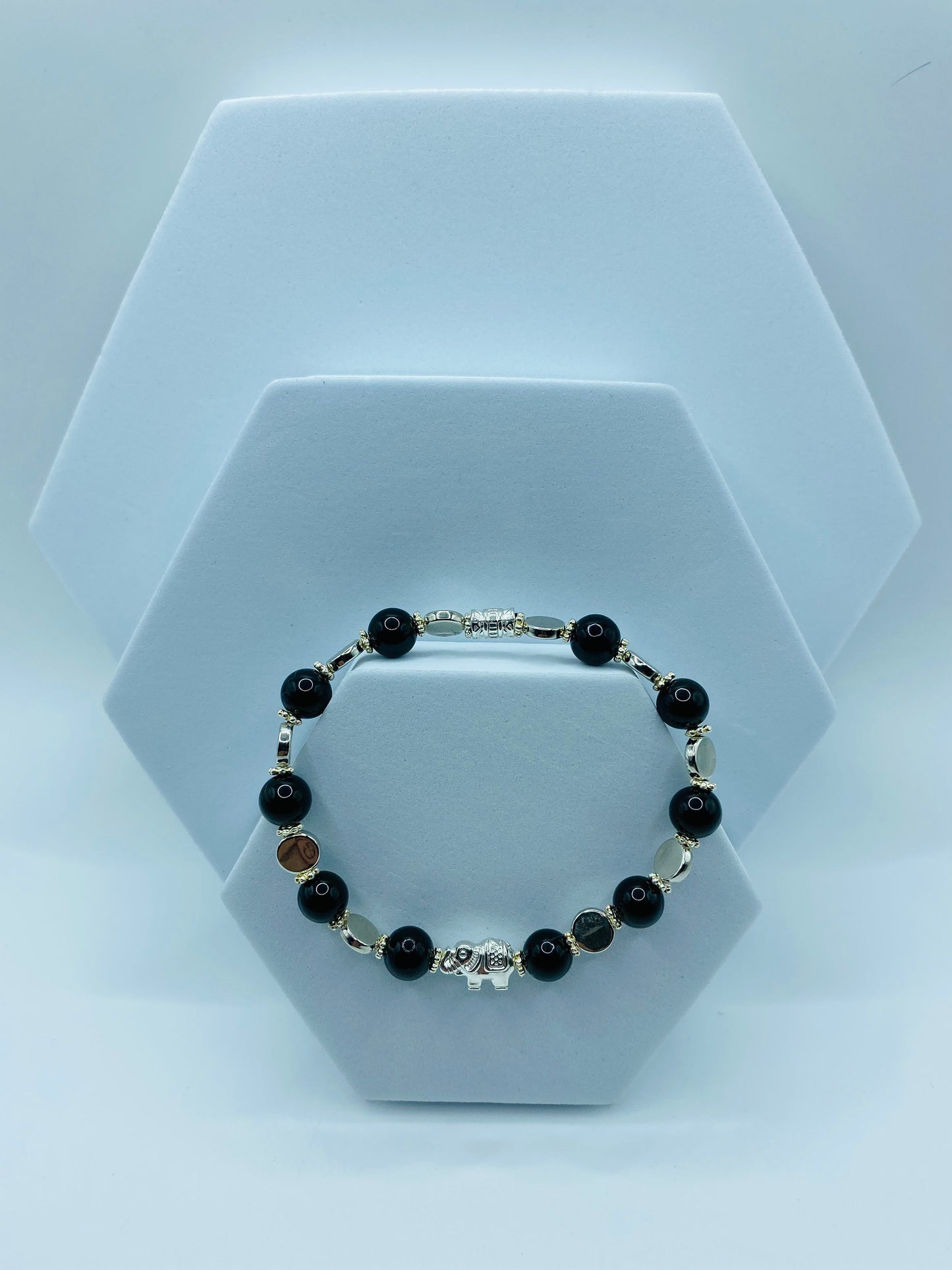Elephant Charm Bracelet: Black Onyx Gemstone Beads, White Gold Accents