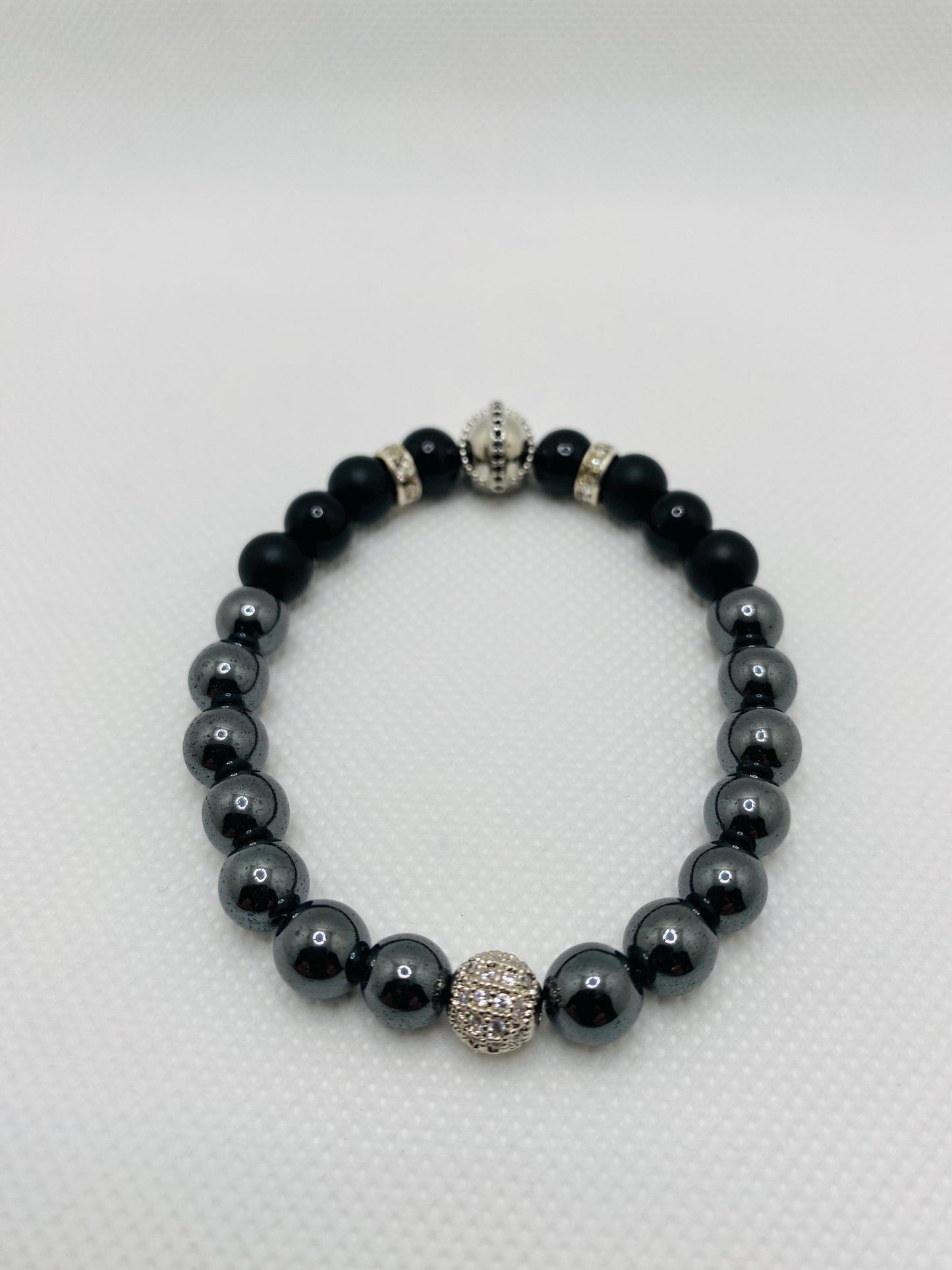 Mens Jewelry Silver Spartan Helmet Bracelet with black Onyx & Hematite Gemstone Beads - Medieval Jewelry