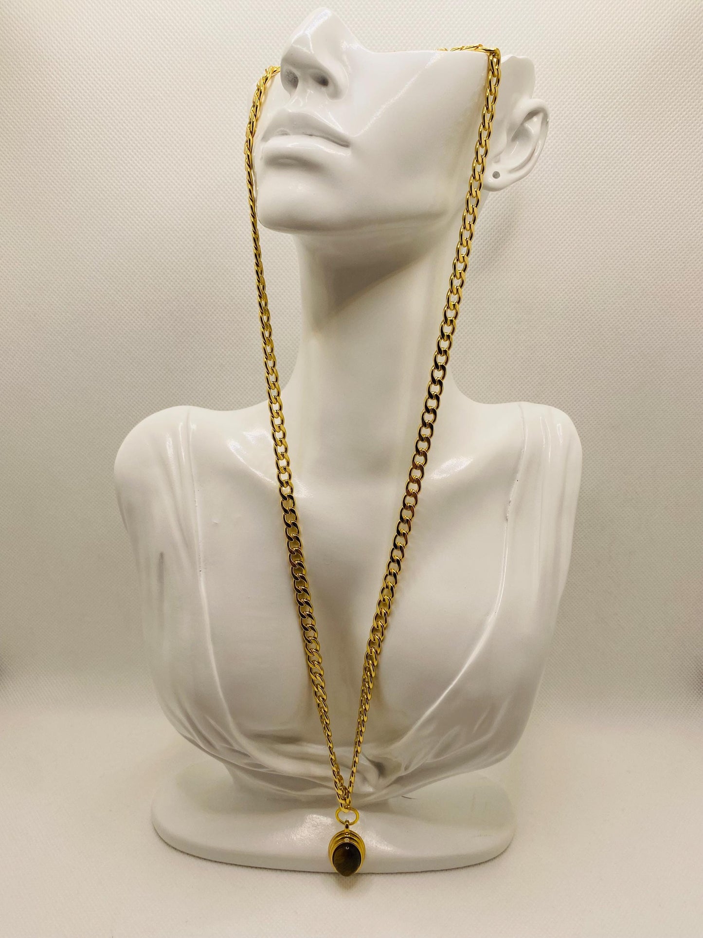 Gold Plated Tigers Eye Pendant Necklace: Cuban Link Chain