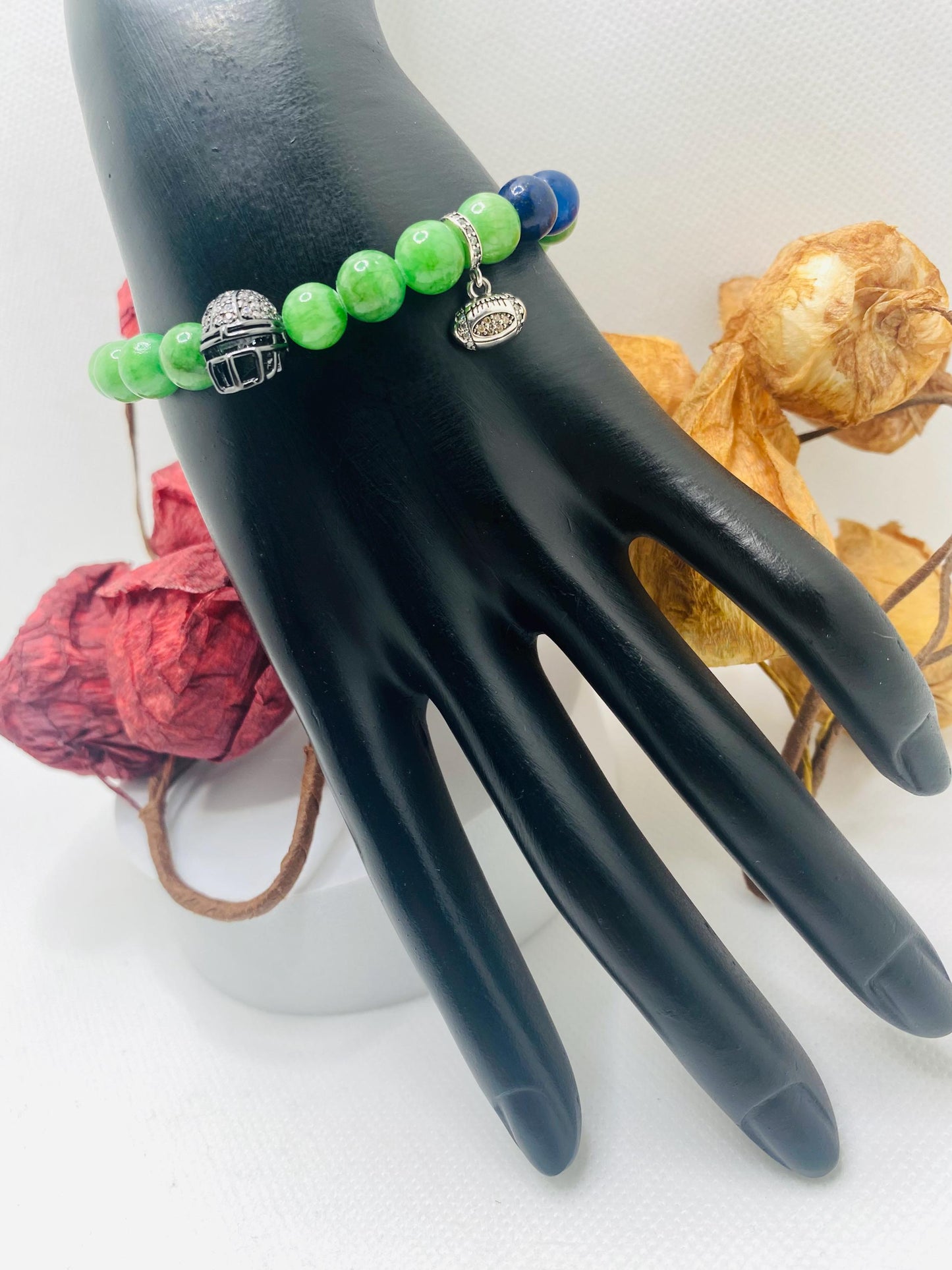 Seattle Seahawks Beaded Bracelet: Chalcedony, Lapis Lazuli, Football Charms