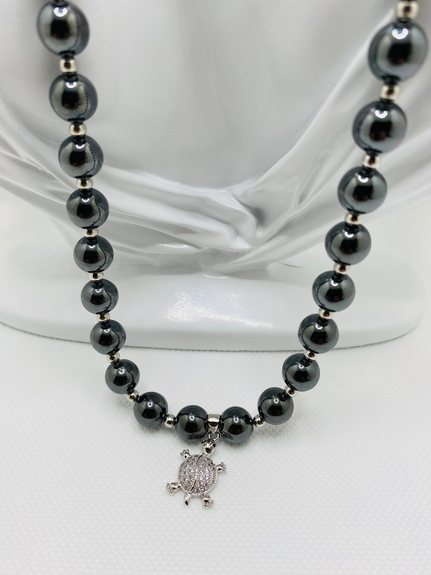 Hematite Gemstone Necklace: Silver Turtle Charm, Handmade Beaded Jewelry