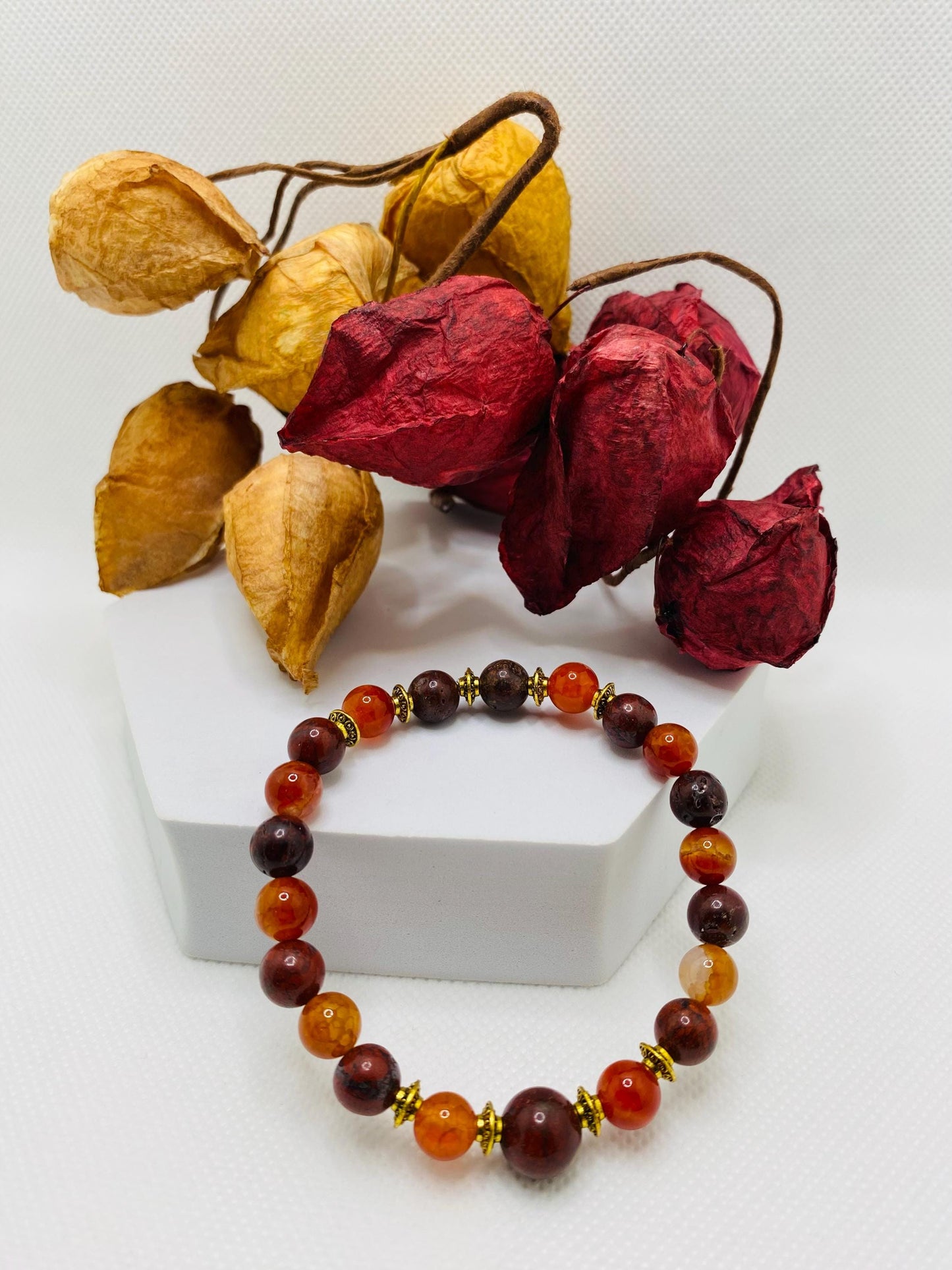 Mens Red Jasper Beaded Bracelet: Agate Gemstone, Tibetan Jewelry