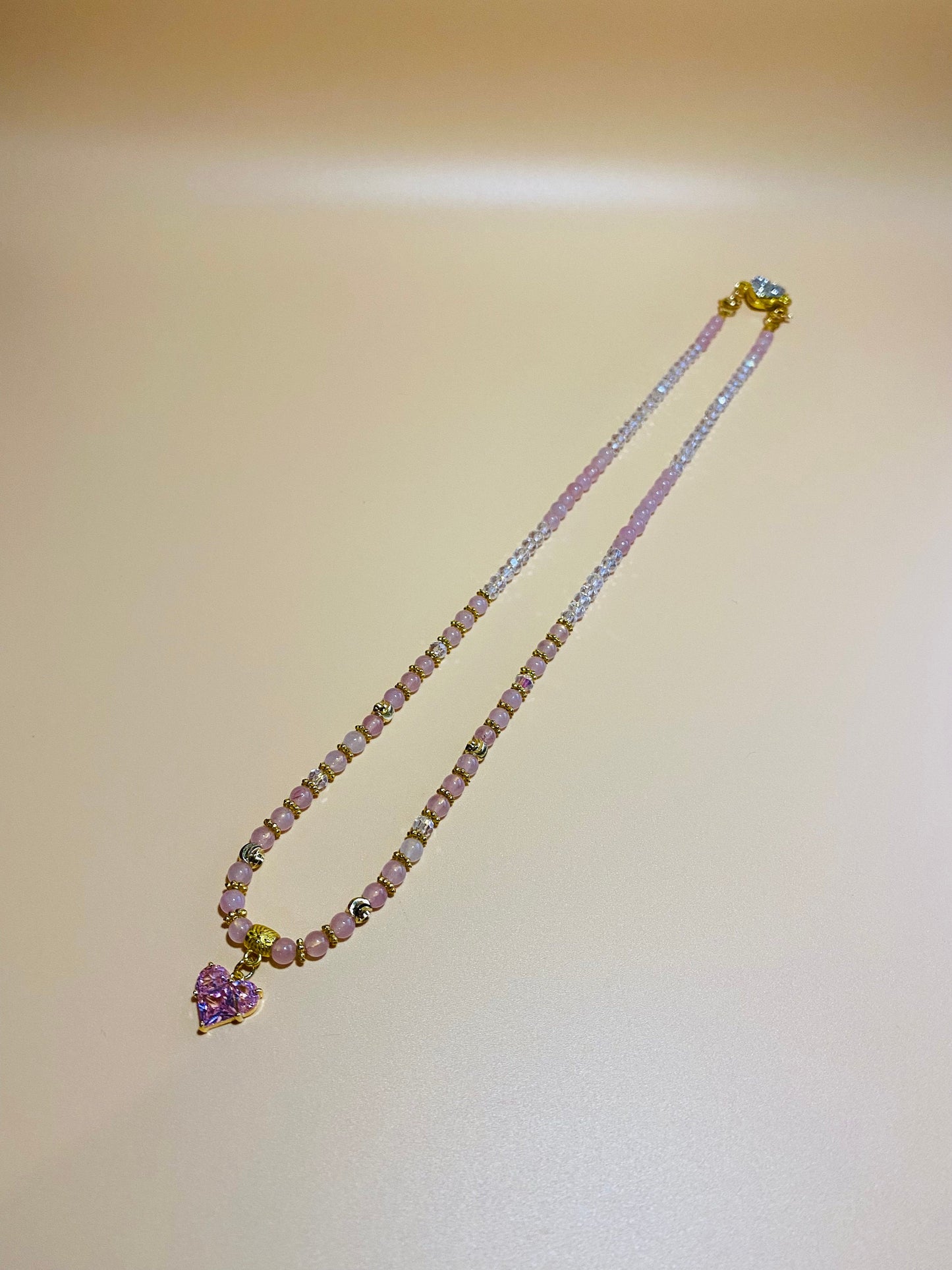 Pink Crystal Heart Pendant Necklace: Rose Quartz & Glass Beads