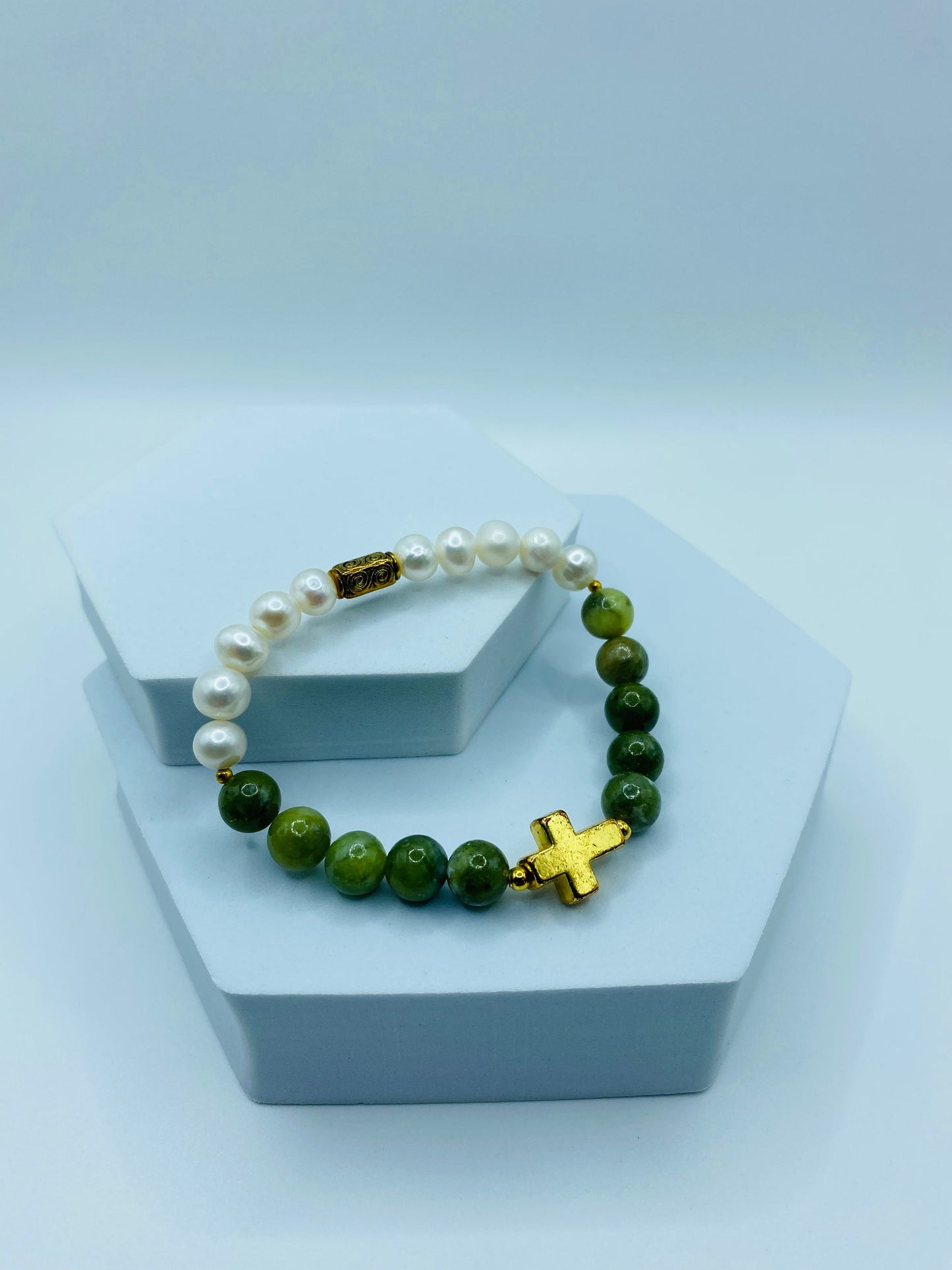Jade & Pearl Bracelet: Gold Cross Charm, Gemstone Beaded Jewelry