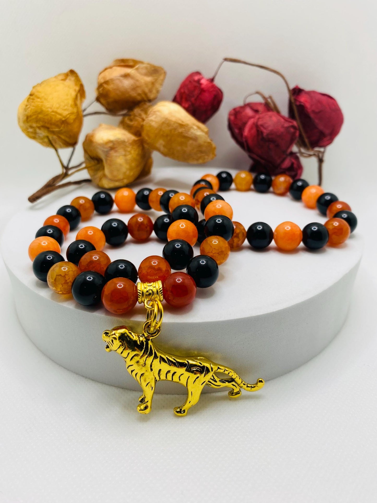 Cincinnati Bengals Charm Necklace for Men, Mens Necklace with Gemstone Beads, Tiger Pendant