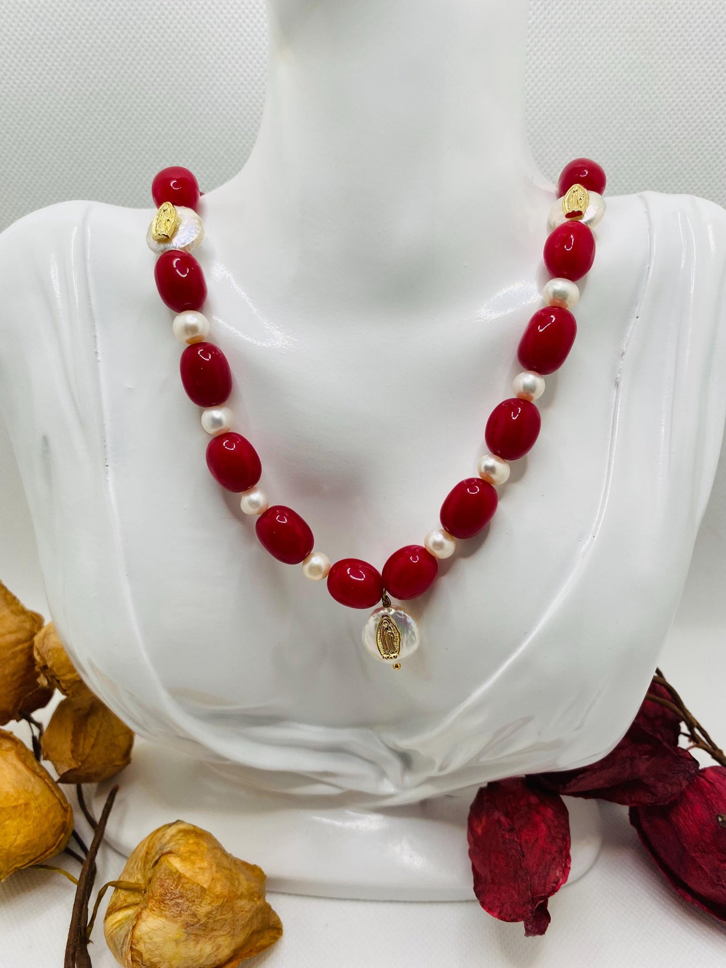 Handmade Red Jade Pearl Necklace: Virgin Mary Religious Jewelry