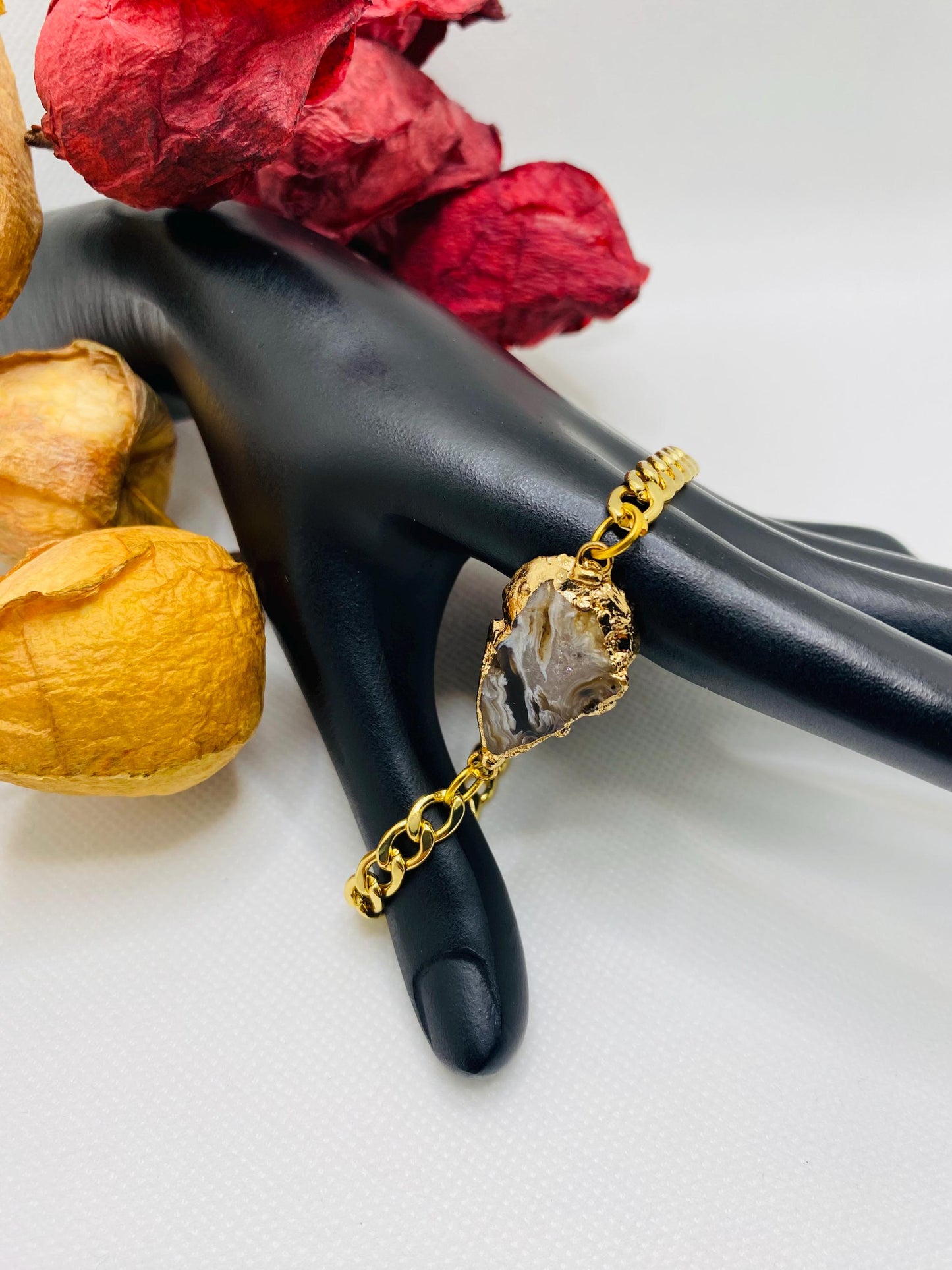 Handmade 18k Gold Plated Cuban Link Bracelet: Geode Agate, Magnetic Clasp