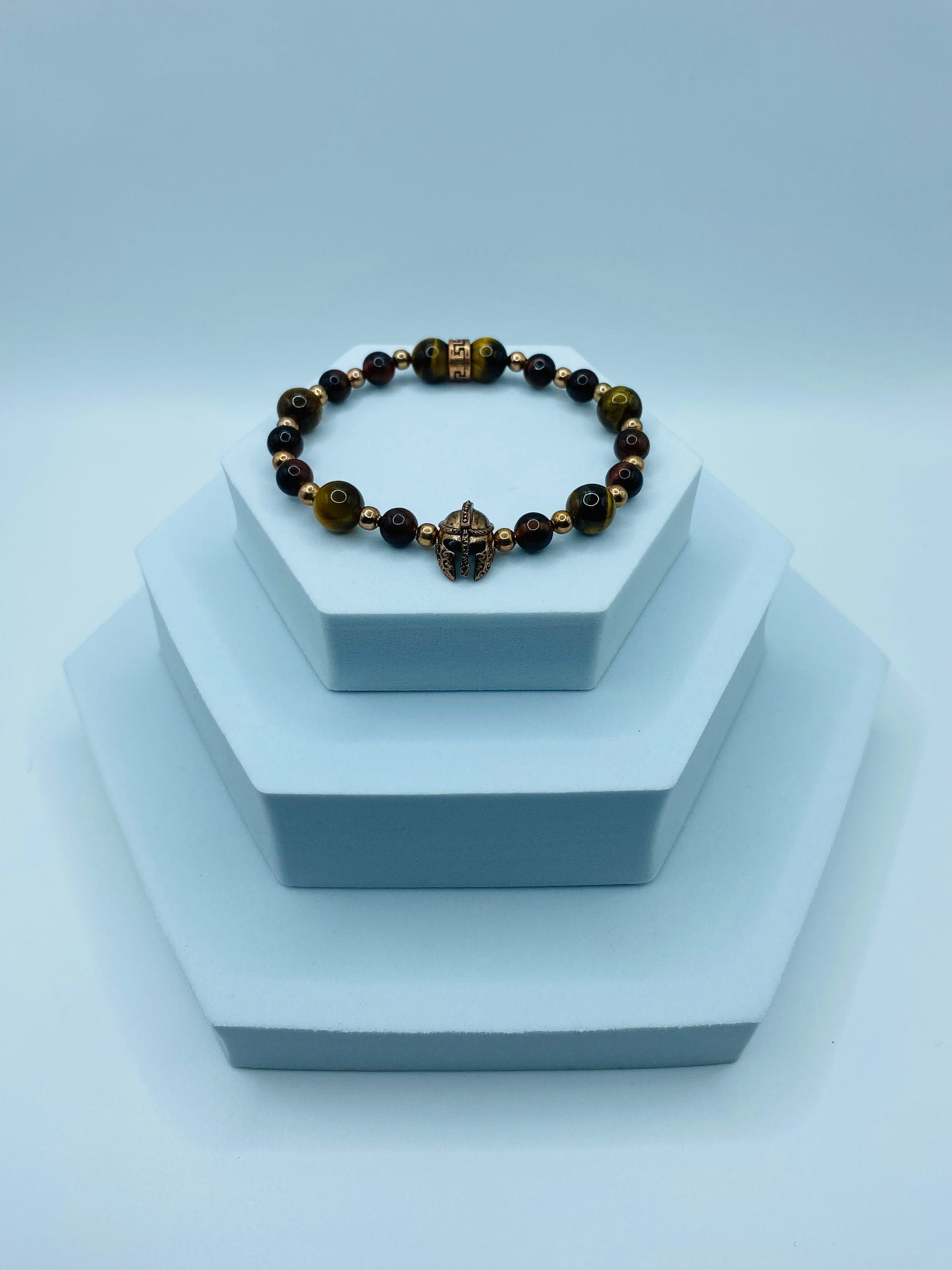 Rose Gold Spartan Helmet Bracelet: Tiger's Eye Gemstone Beaded Bracelet