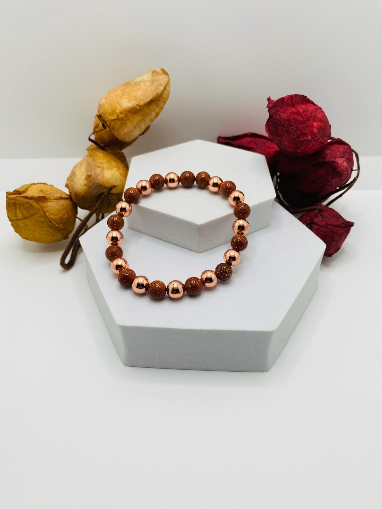 Rose Gold Hematite Bracelet: Natural Goldstone Gemstone Beads