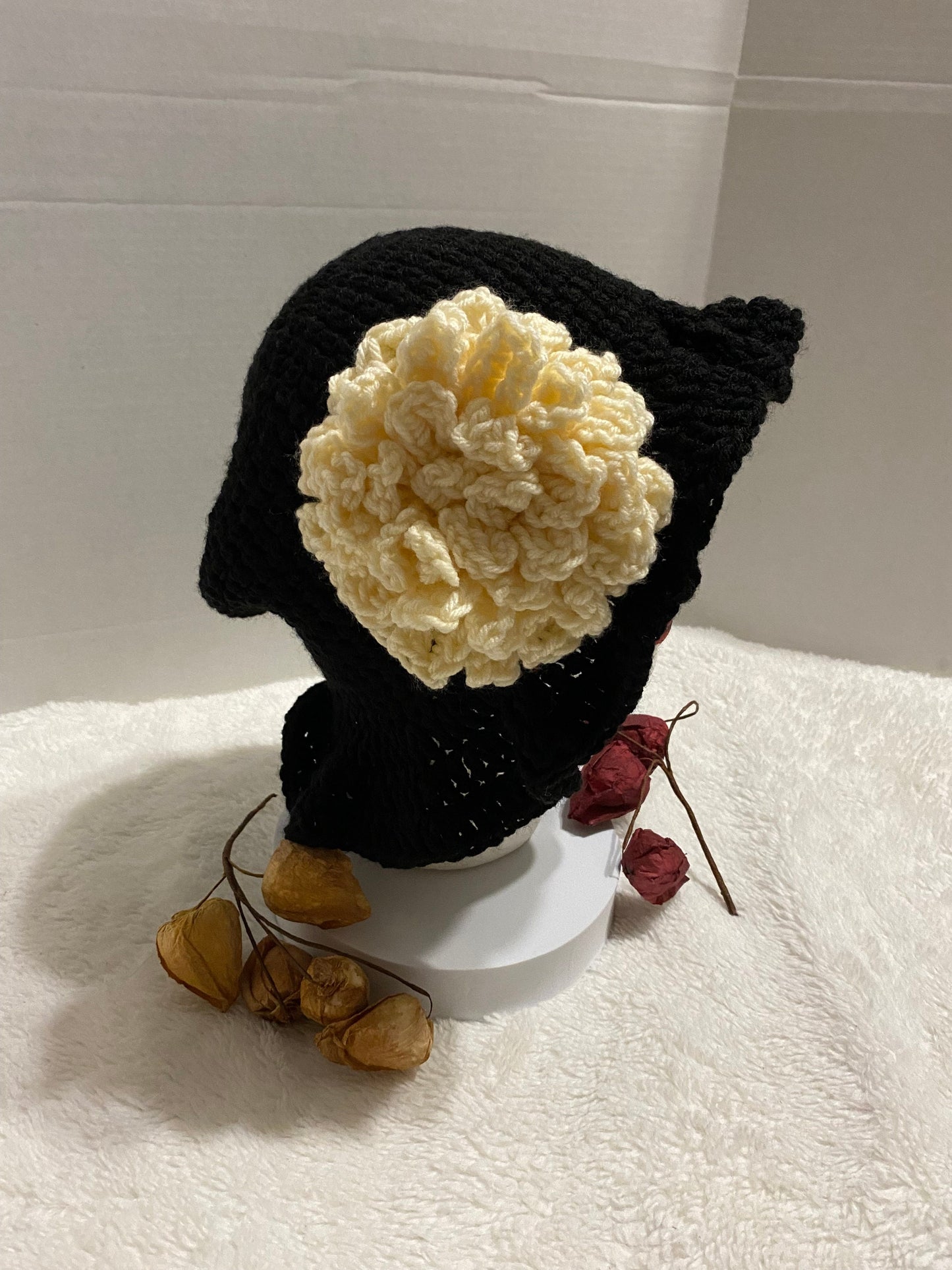 Black Crochet Bucket Hat with White Flower: Handmade Acrylic Hat