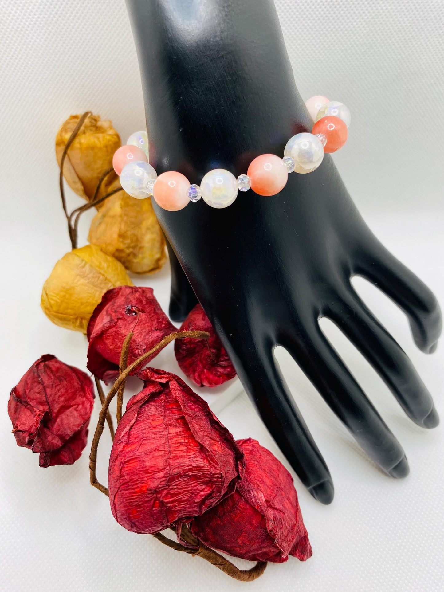 Snow Quartz, Onyx & Persian Pink Gemstone Bracelet