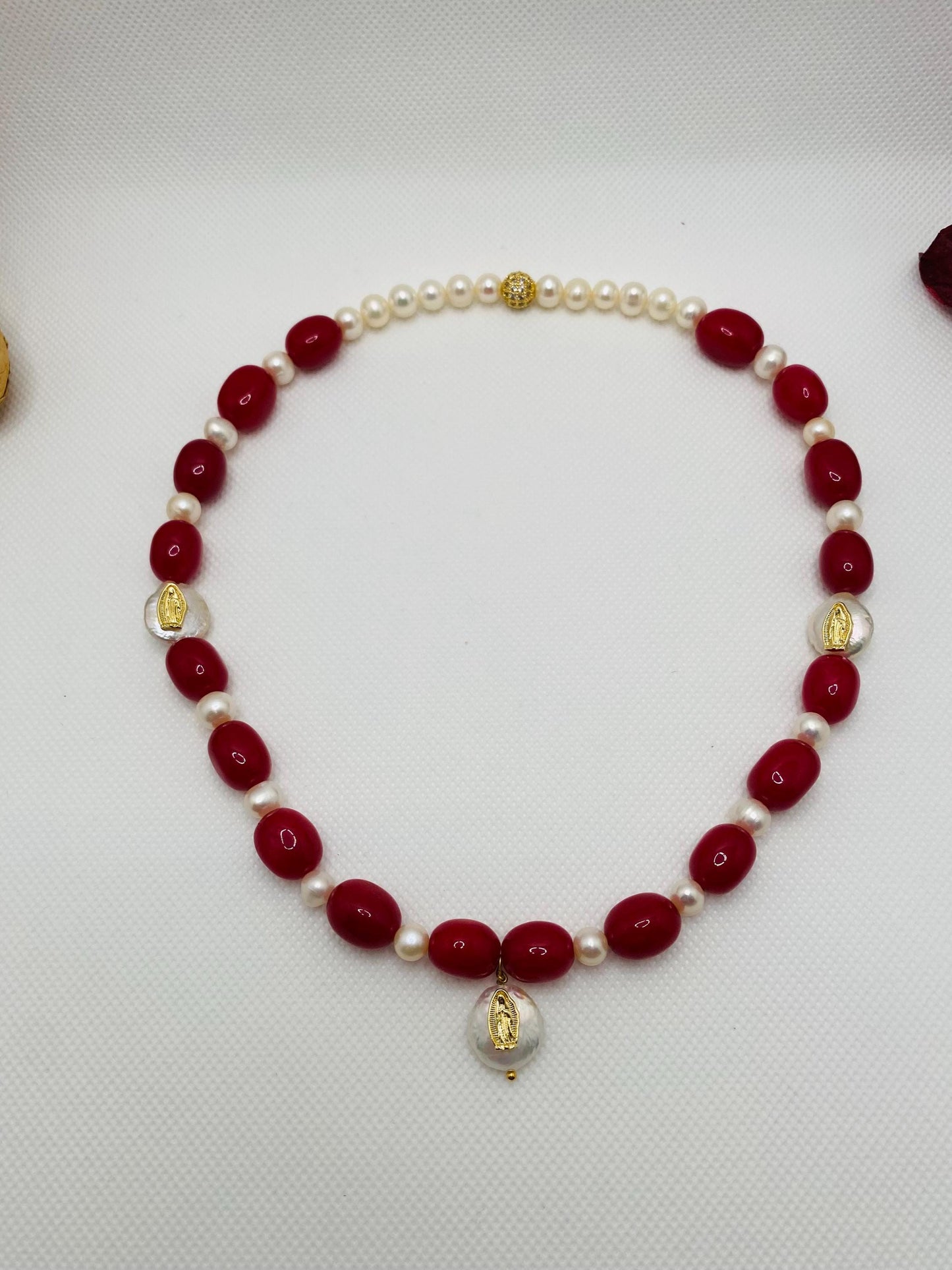 Handmade Red Jade Pearl Necklace: Virgin Mary Religious Jewelry