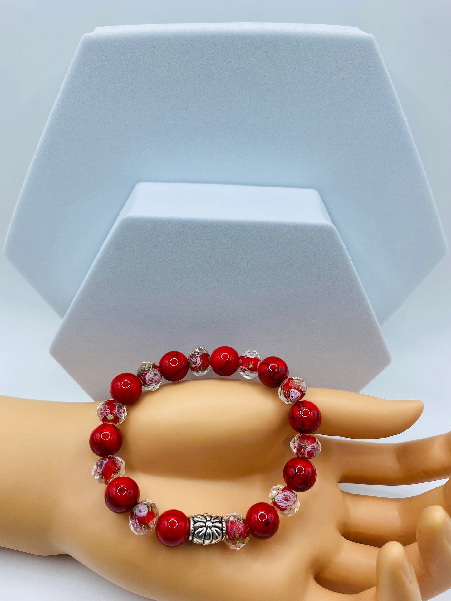 Red Turquoise Bracelet: Bohemian Lampwork Floral Glass Bead Jewelry