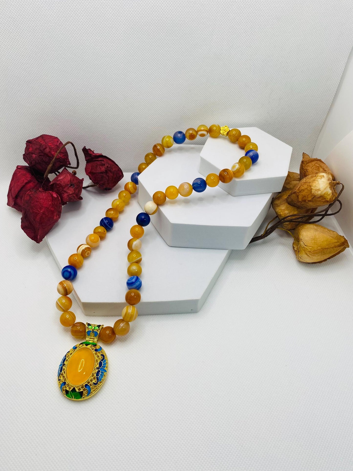 Handmade Chalcedony Pendant Necklace: Striped Agate Gemstone Beads, Boho Jewelry