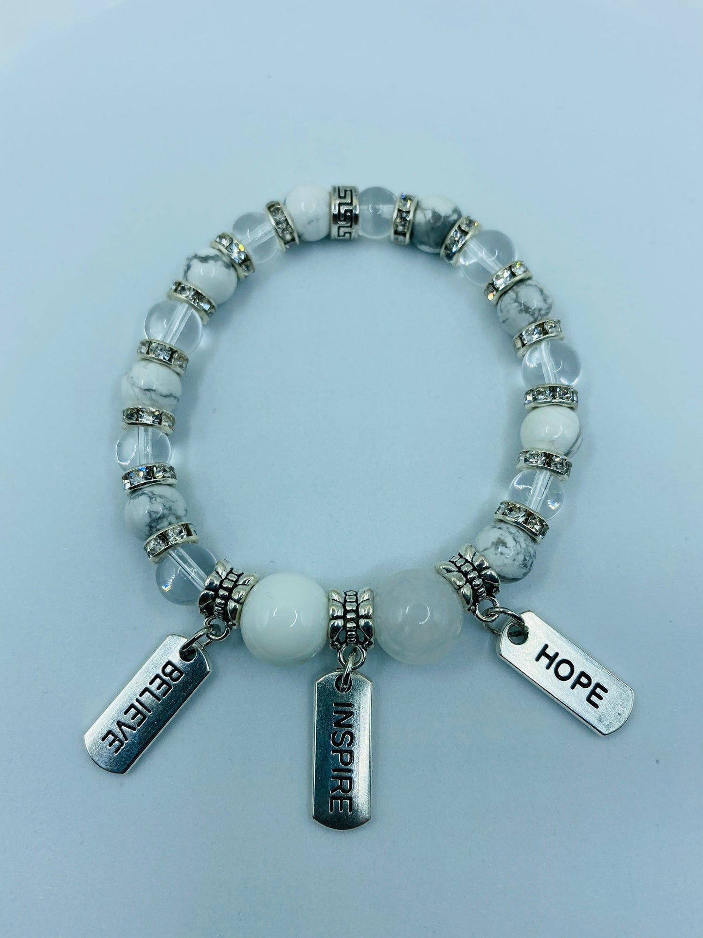 Inspirational Gemstone Bead Bracelet: Stainless Steel Word Charms