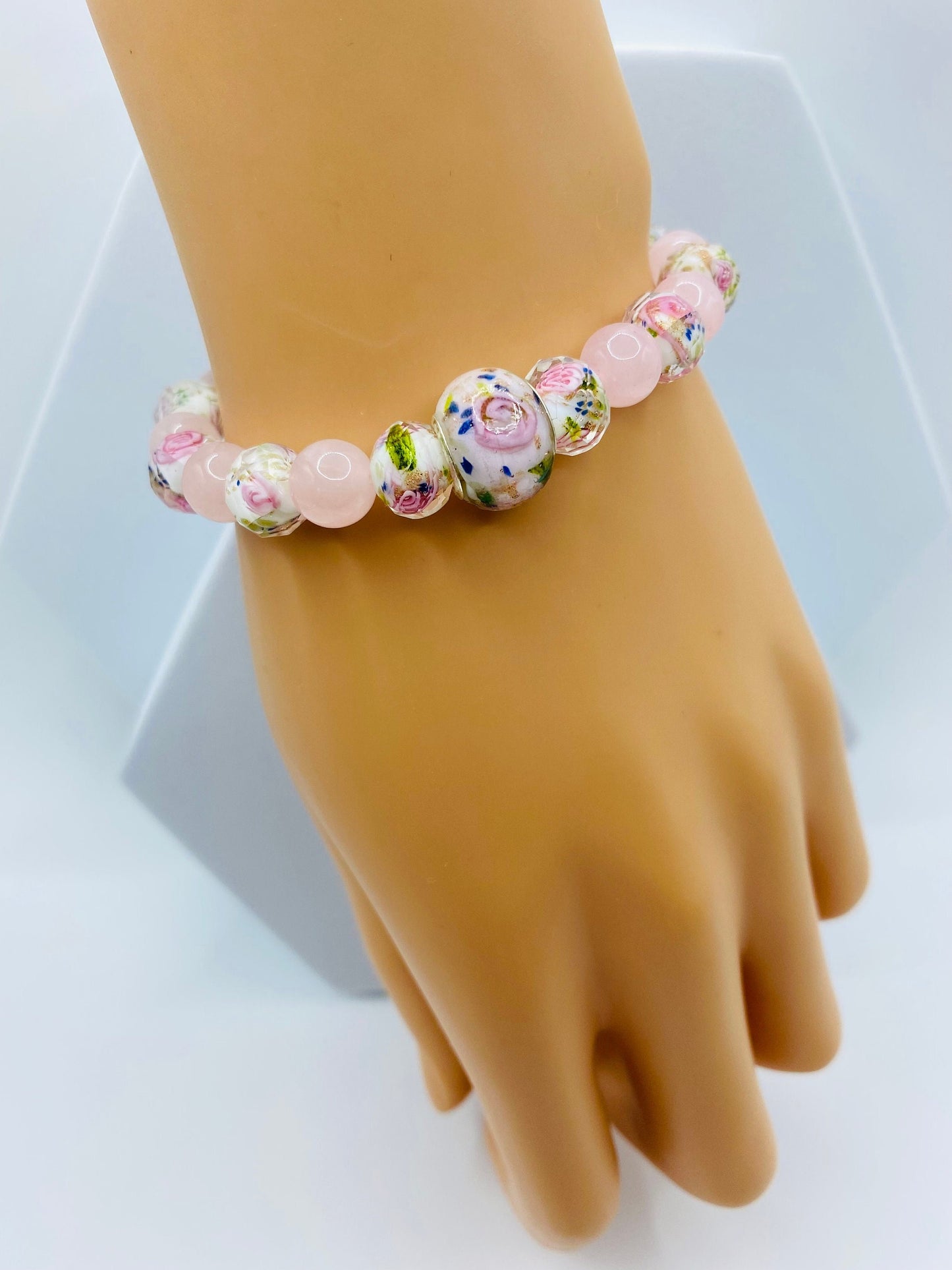 Rose Quartz Bracelet with Lampwork Floral Glass Beads