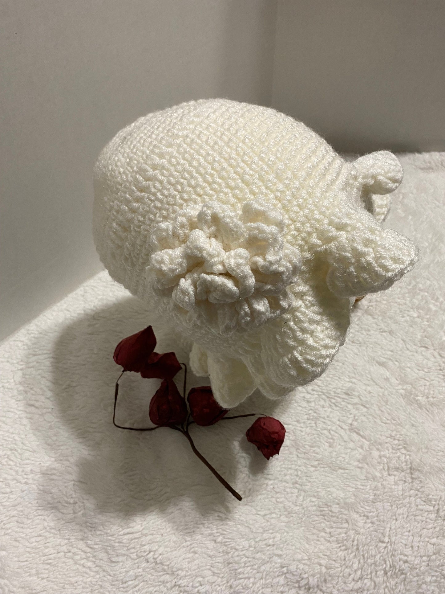 Handmade Crochet Bucket Hat: White Acrylic Flower Hat