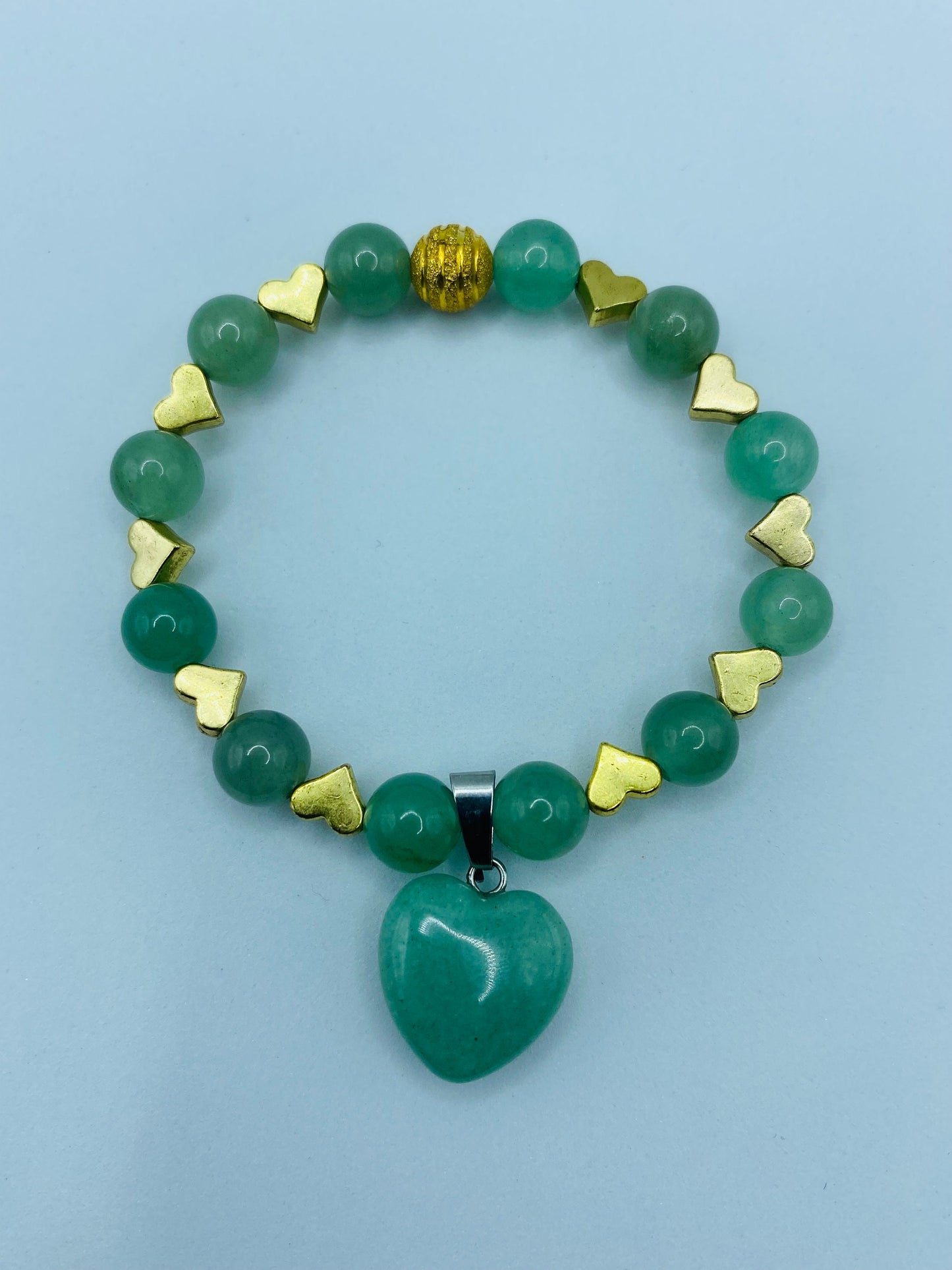 Handmade Green Aventurine Heart Bracelet: 18K Gold Plated Charms