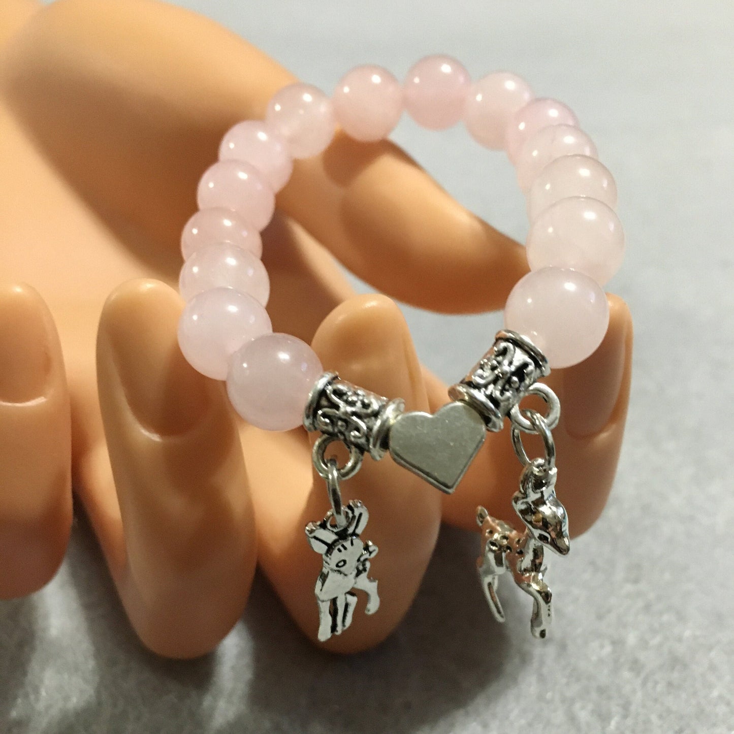 Charm Bracelet Rose Quartz Jewelry for women, Bambi and Faline Charms