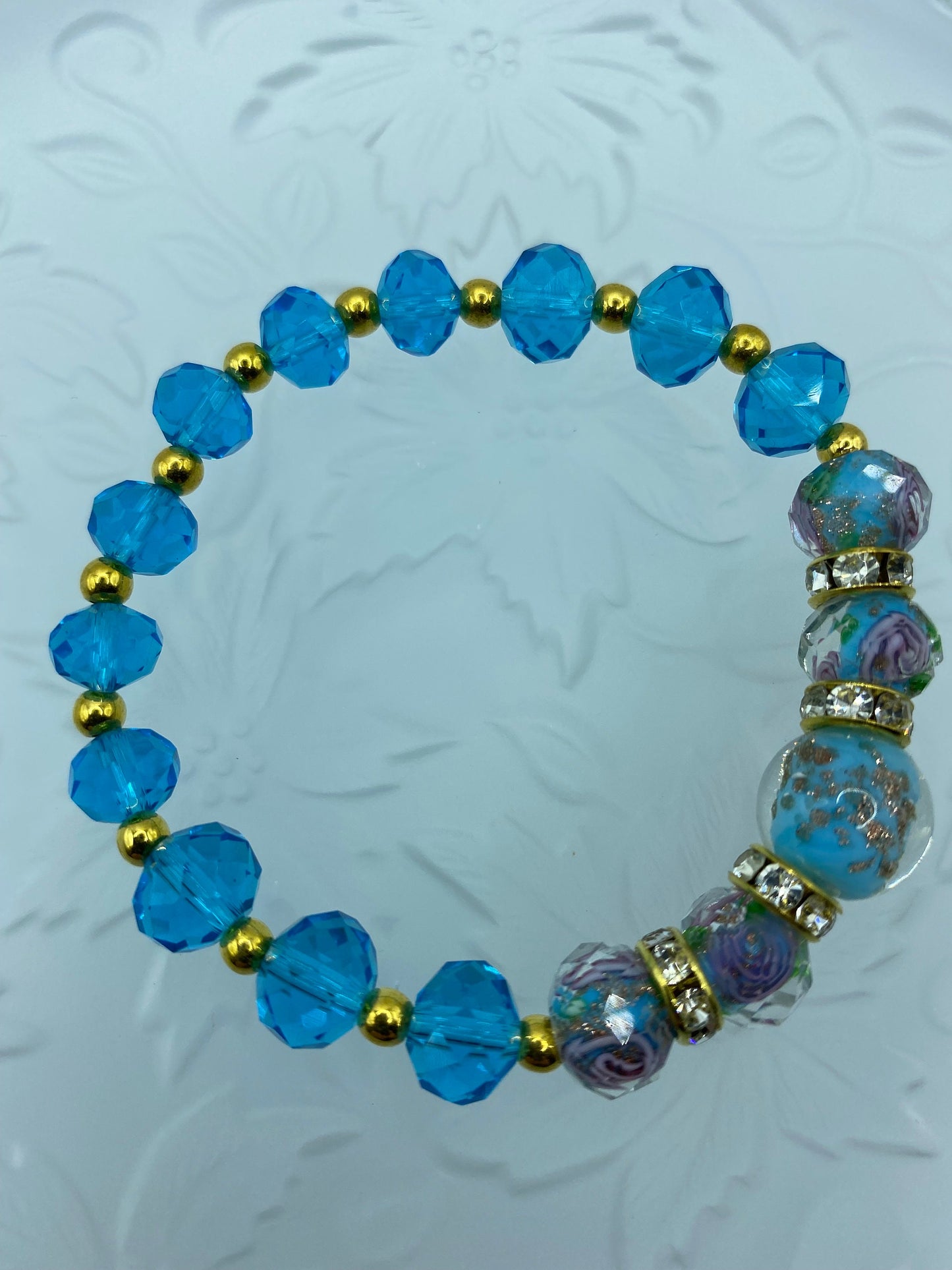 Lampwork Glass Bead Bracelet: Blue Topaz Crystal & 18K Gold Hematite