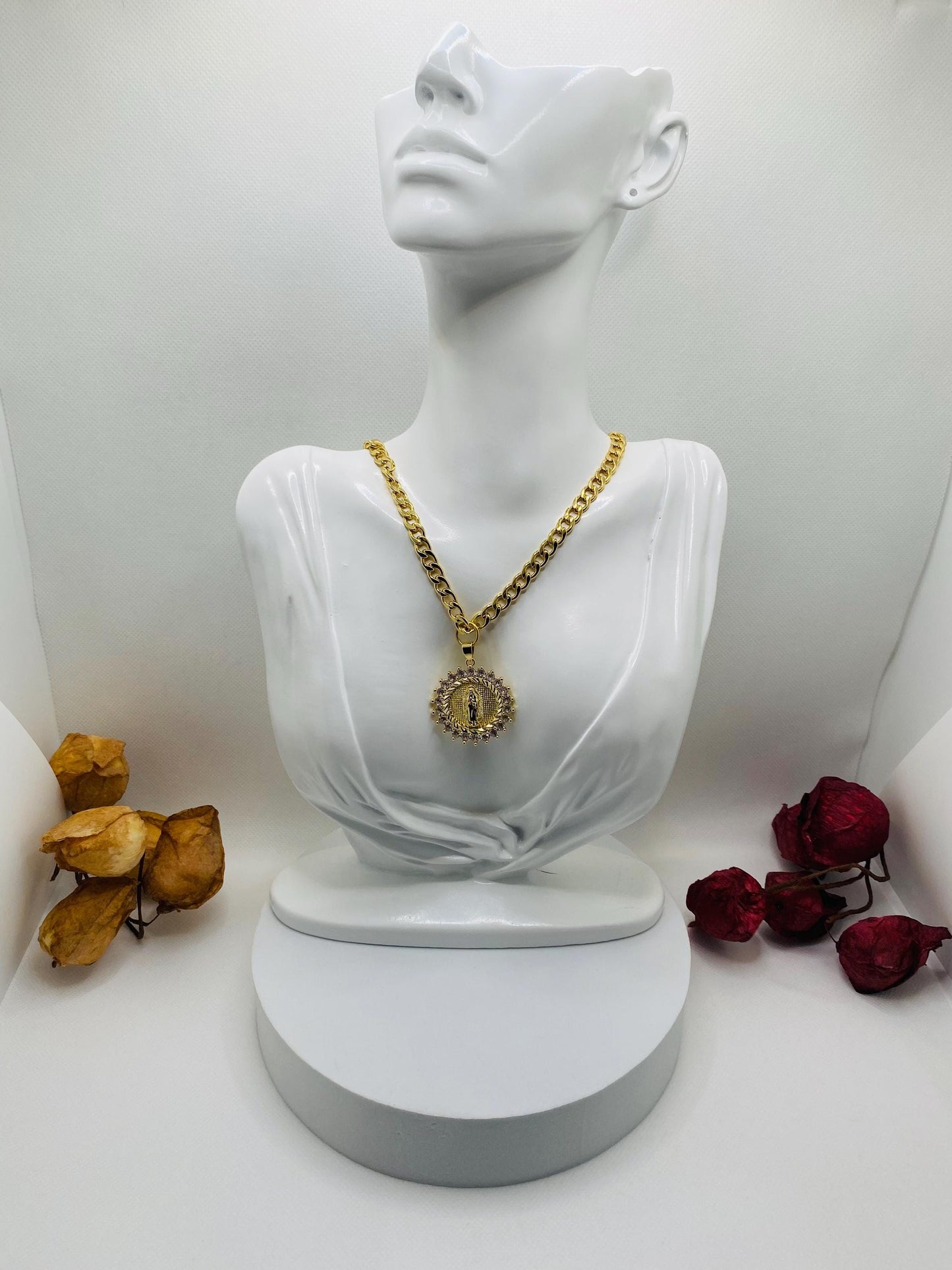 Virgin Mary Necklace: Gold Cuban Link Chain, Religious Jewelry