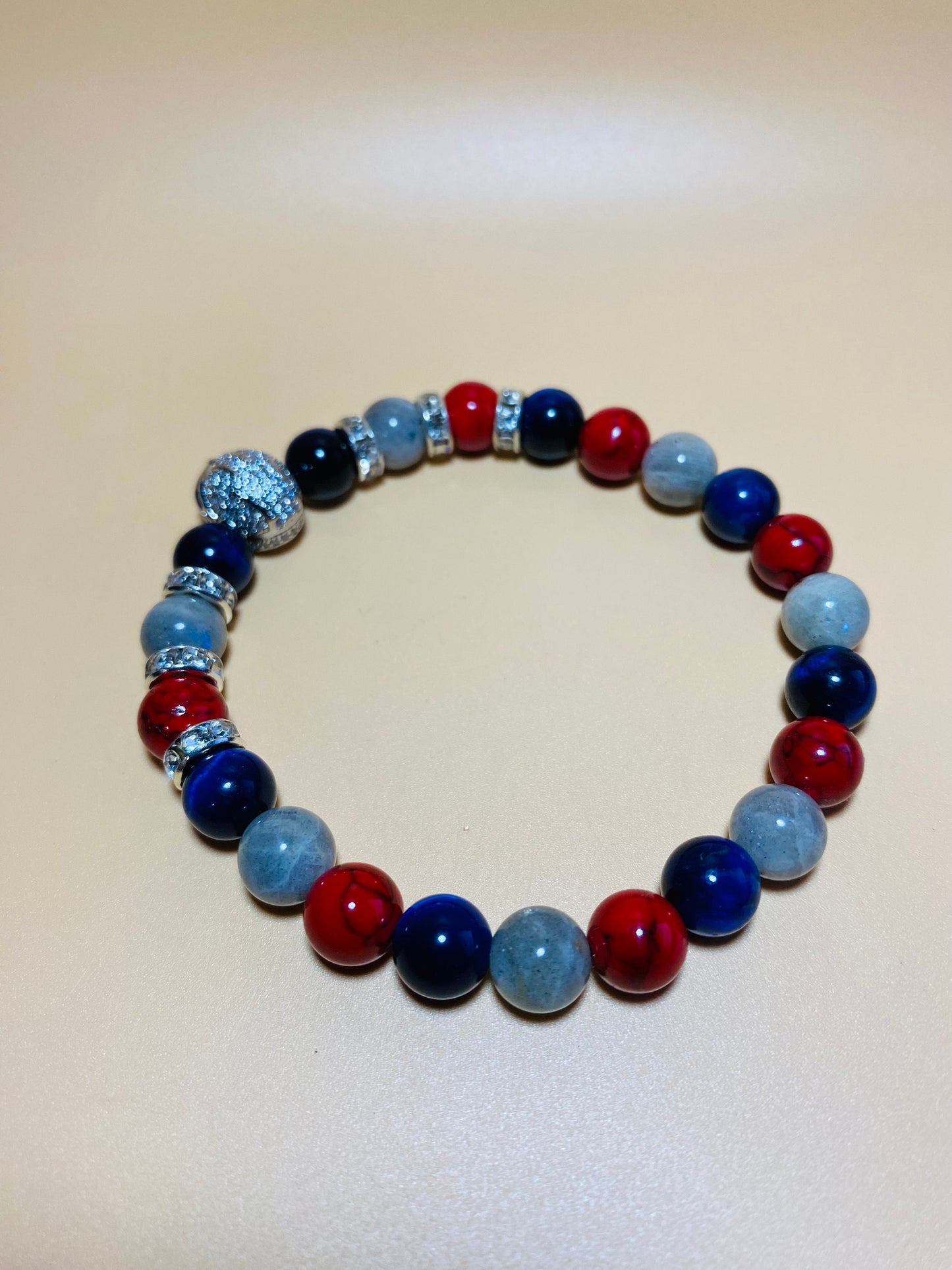 New England Patriots Bracelet: Gemstone Beads & CZ Helmet Charm