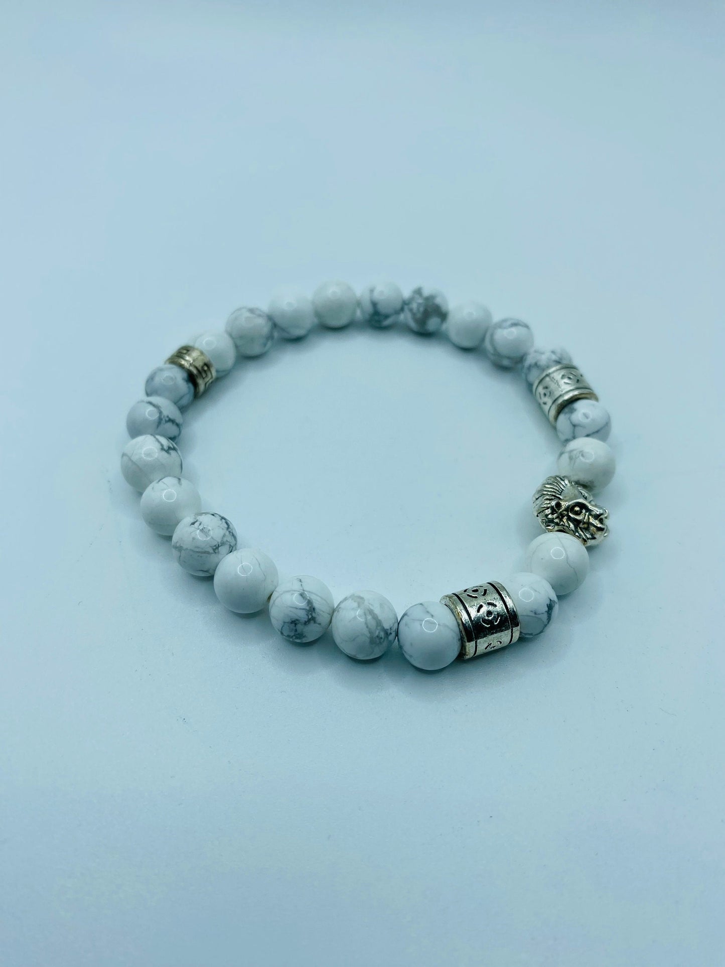 Mens Howlite Bracelet: Lion Charm, Tibetan Silver Spacers