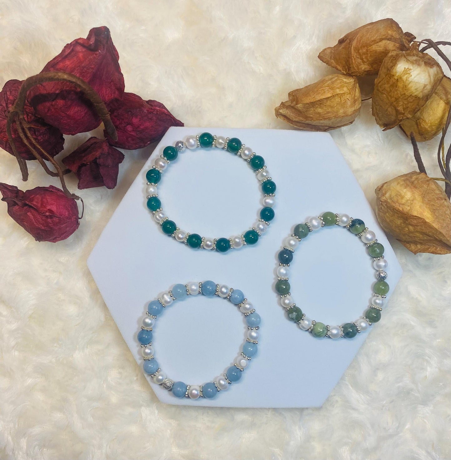 Handmade Baroque Pearl Bracelet Set: Jade & Agate Gemstone Beads