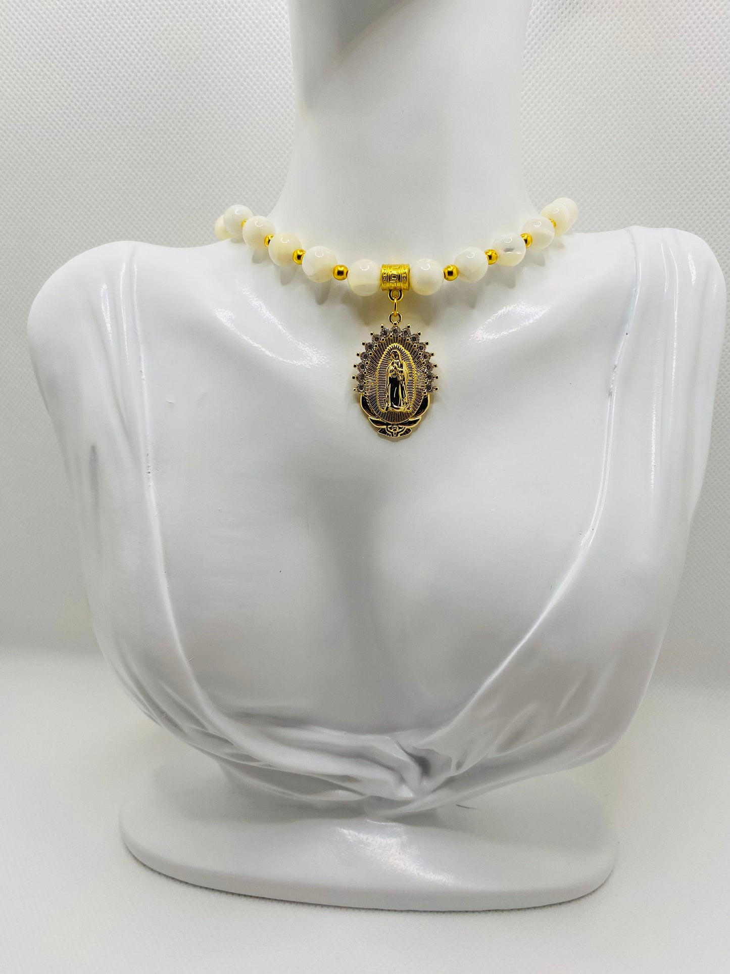 Mother of Pearl Necklace: Virgin Mary Pendant, Gold Stainless Steel
