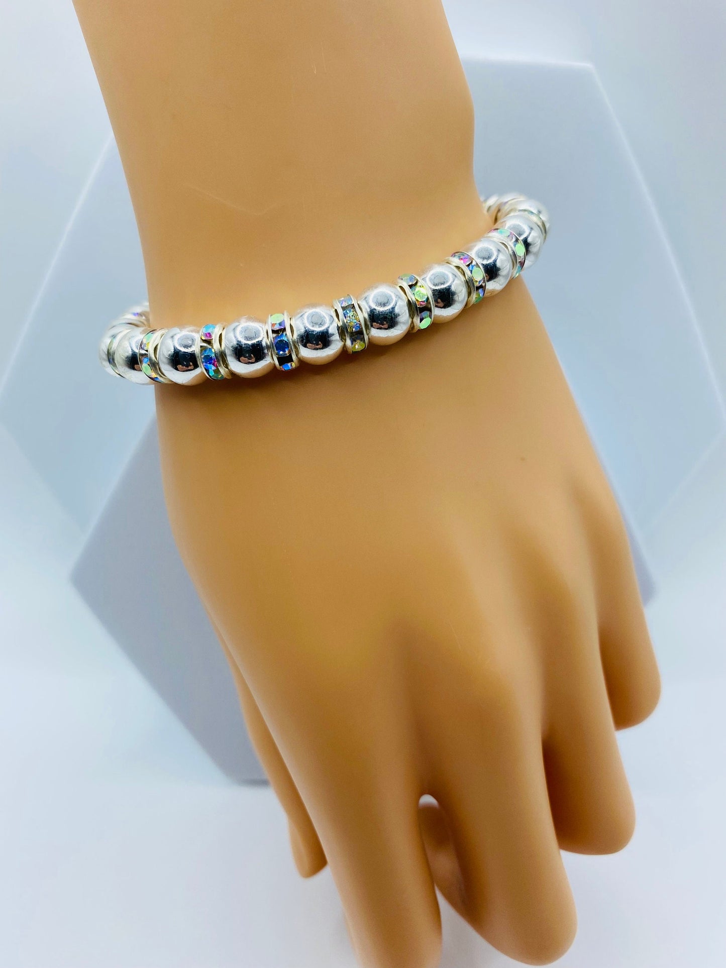 Mens Silver Hematite Bracelet with Rhinestone Accents